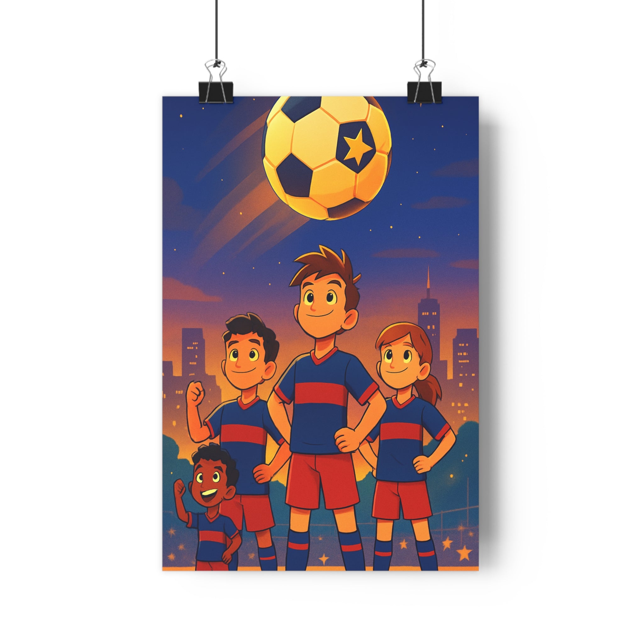 Poster décoratif bleu rouge cartoon joyeux enfants football chambre inspirant dynamique 30x46 dessin qualité