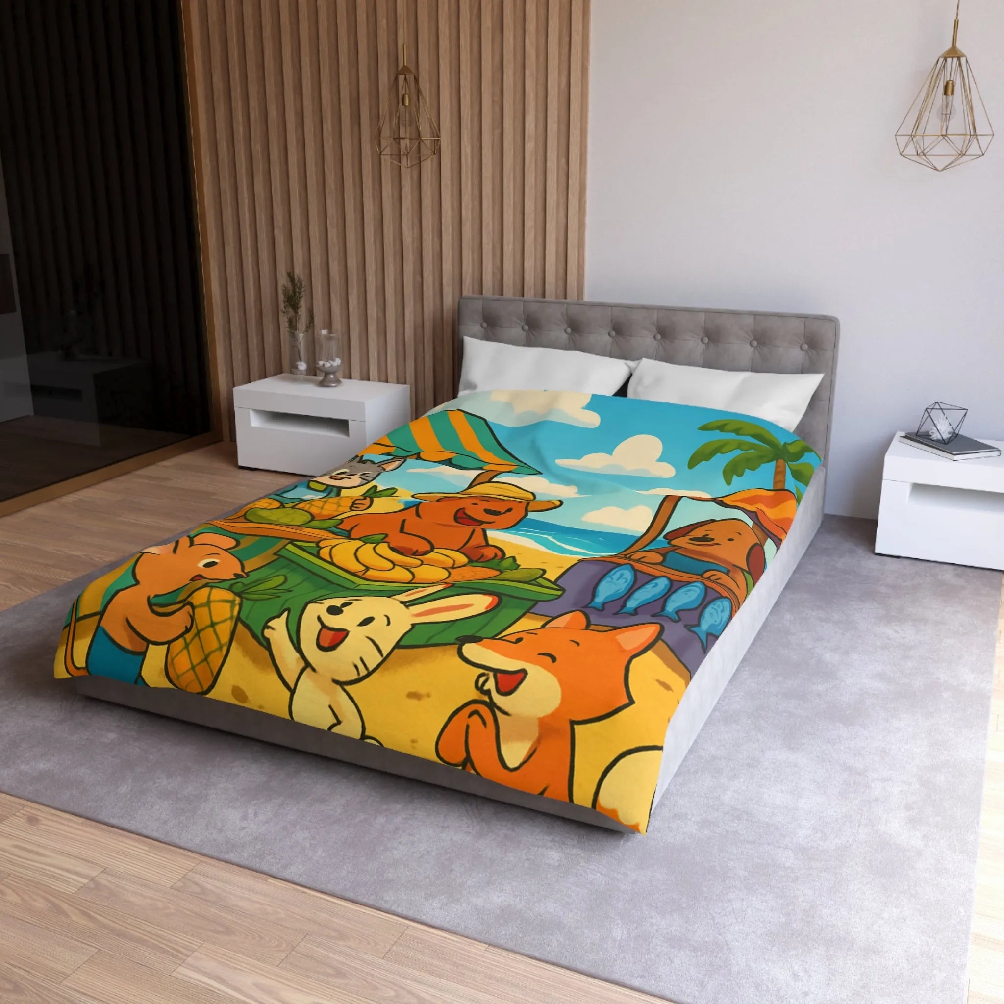 Housse de couette enfant avec animaux mignons sur plage et étals de fruits