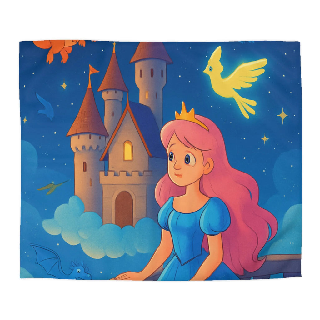 Housse de Couette Enfant Représentant Princesse et Dragons dans un Ciel Nocturne Magique