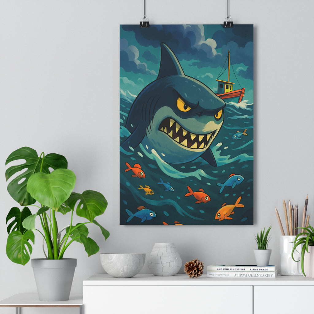 Poster décoratif cartoon requin menaçant vagues coloré chambre enfant ludique vibrant dynamique aventureux contrasté
