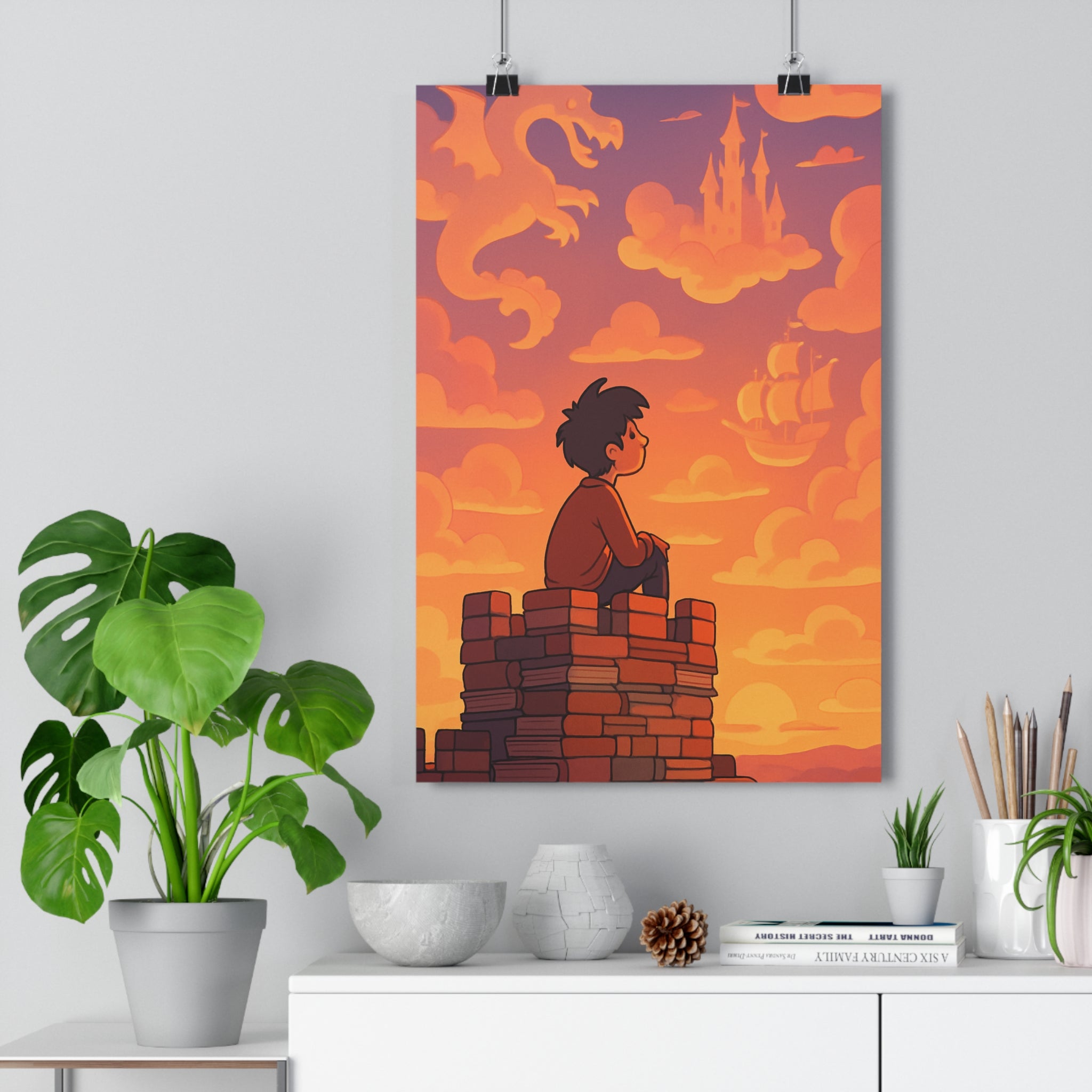 Poster décoratif rêveur onirique orange violet chambre lecture enfant dragon château nuages 30x46 qualité