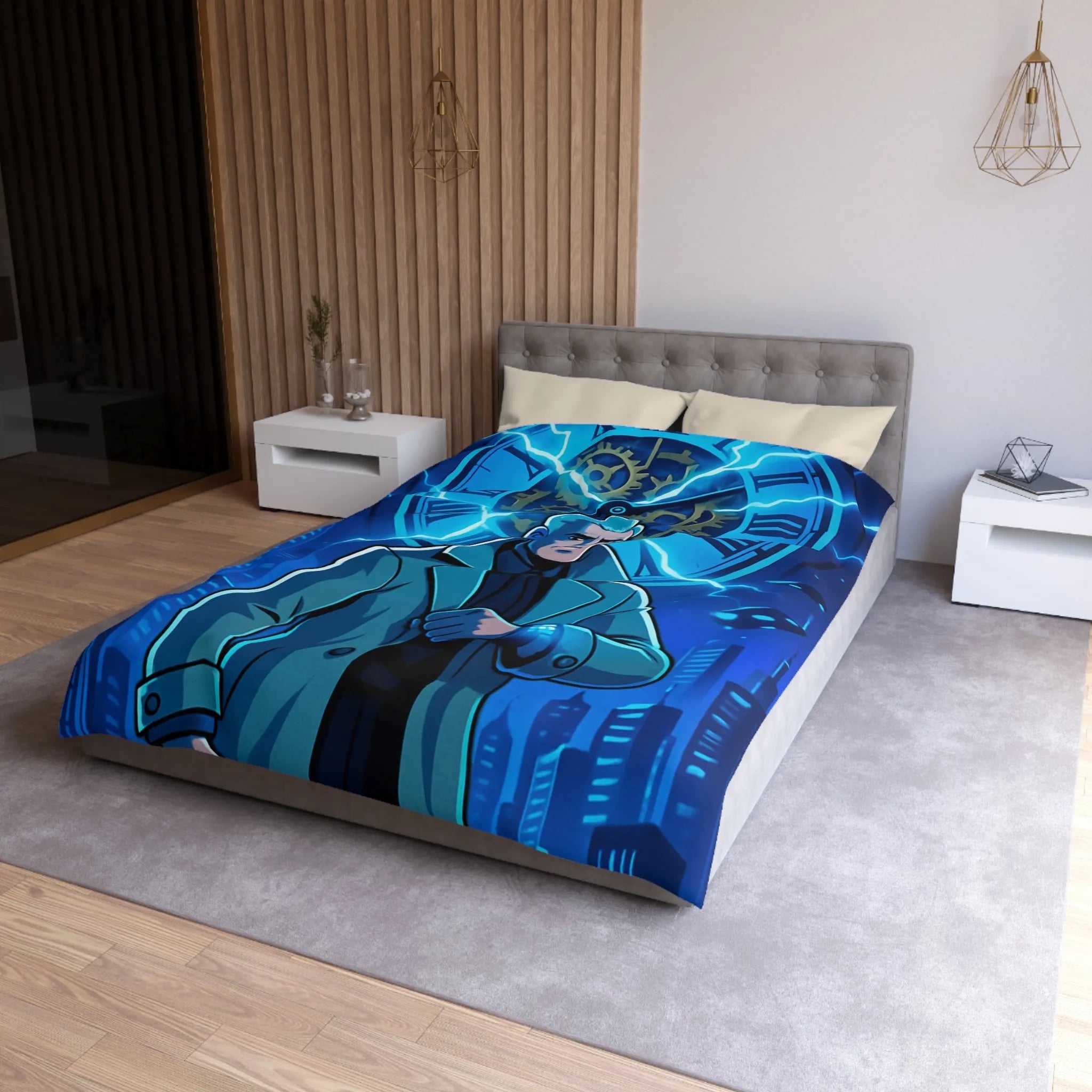 Housse de Couette Inspiration Futuriste avec Horloge Éclair et Personnage Mystérieux en Manteau