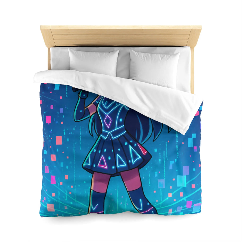 Housse de Couette Fille Chanteuse Néon Style Futuriste Graphiques Lumineux Bleu Rose