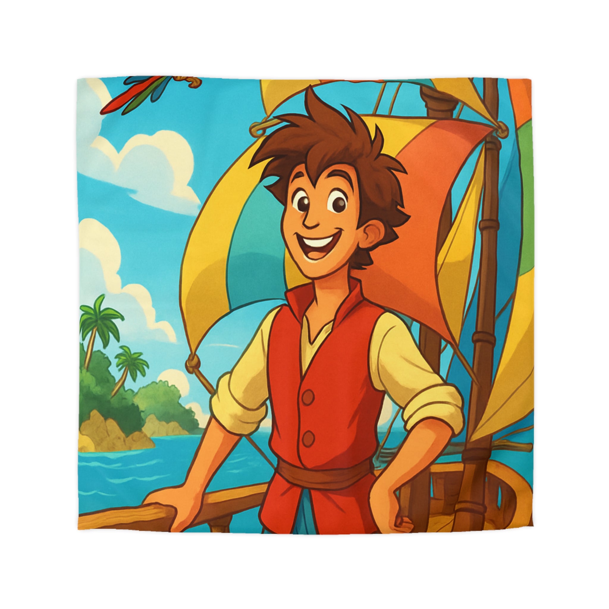 Housse de Couette Pirate Aventure Enfant avec Perroquet et Bateau Coloré Océan