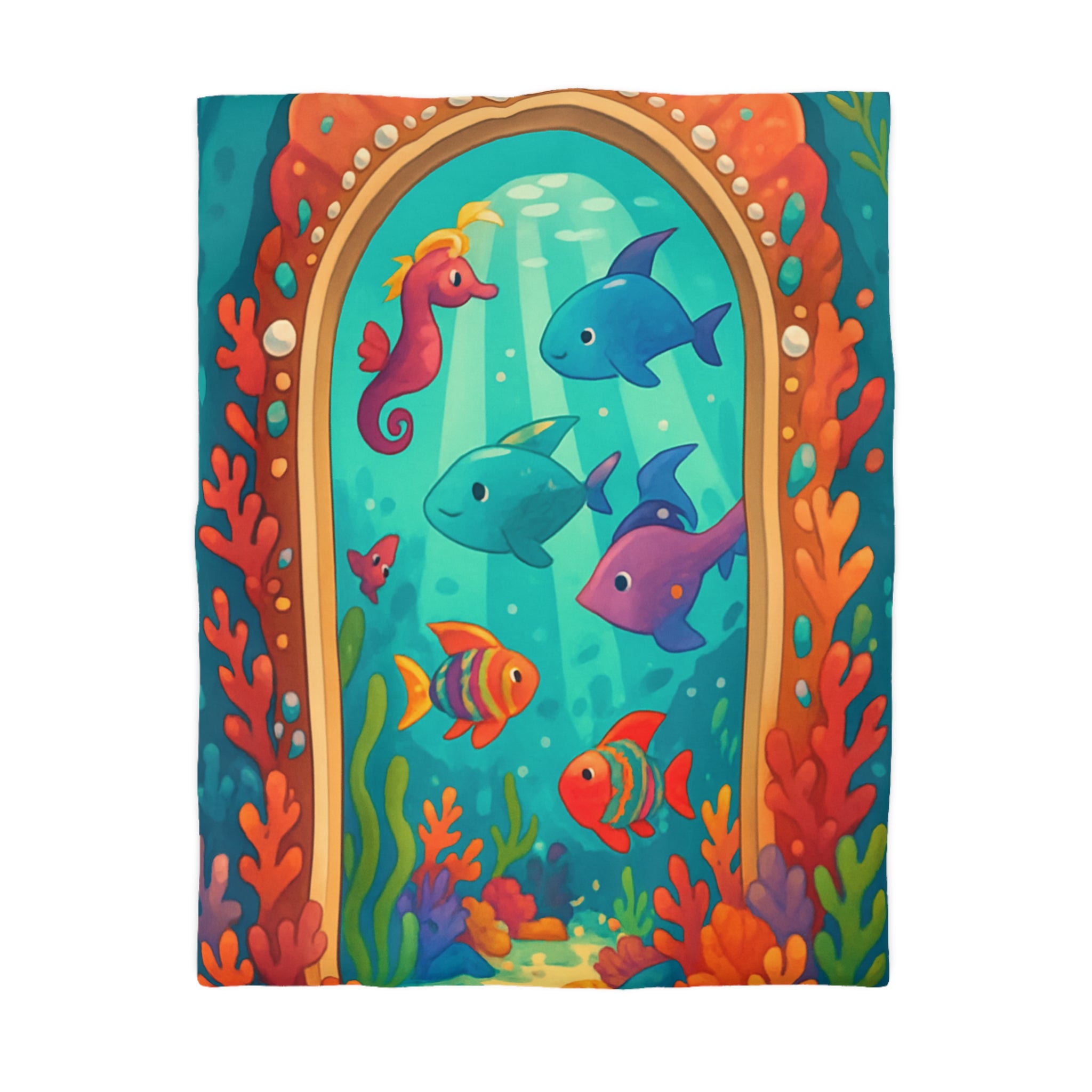 Housse de Couette Océanique avec Poissons Colorés, Coraux et Hippocampe Fantaisie Enchantés