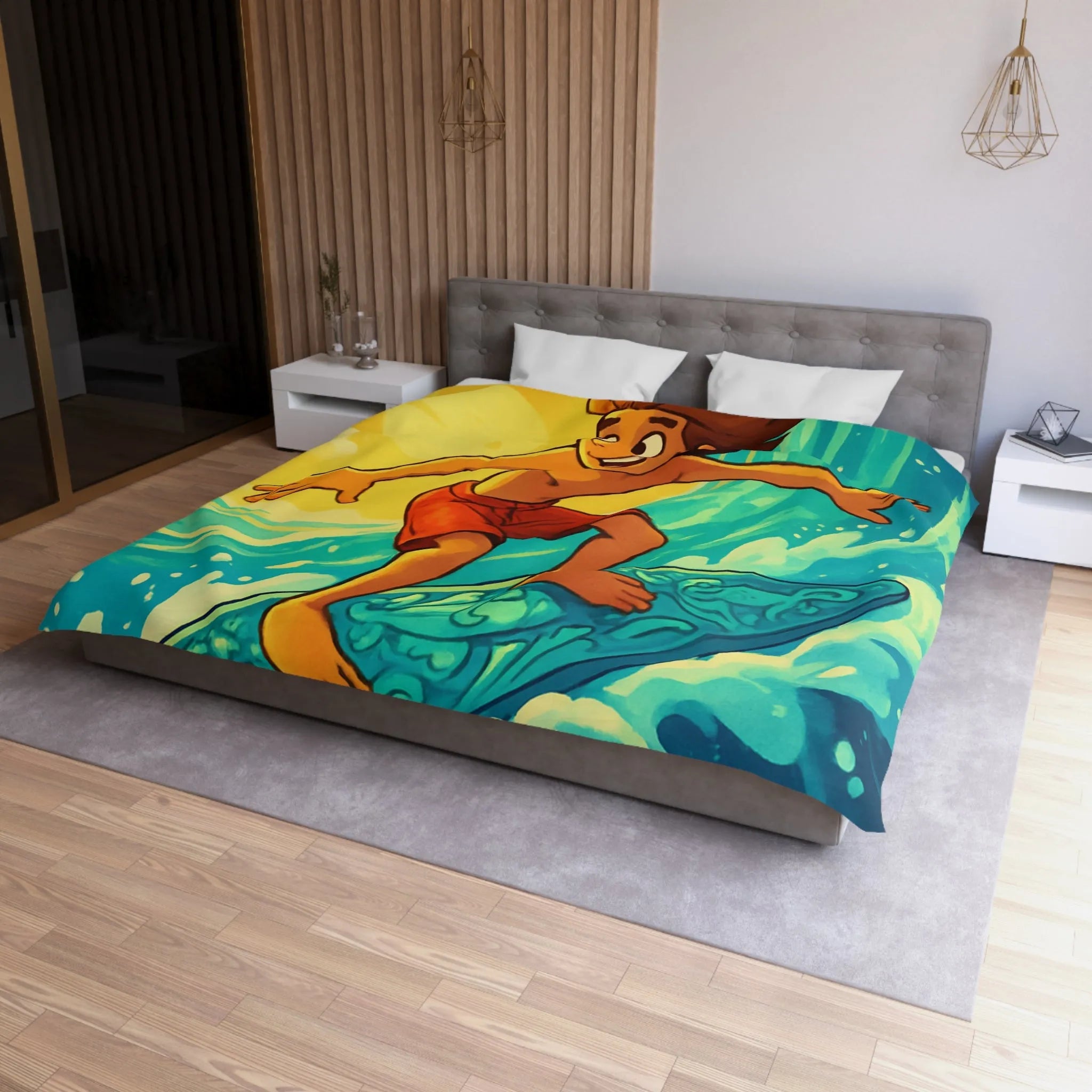 Enfant vibrant surfe sur vague turquoise sous ciel jaune vif artistique et joyeux