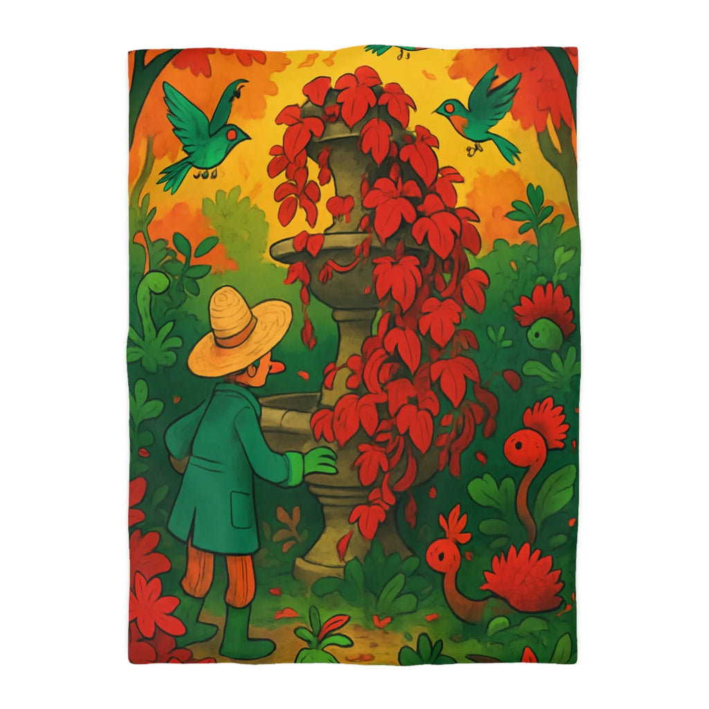 Housse de couette jardin enchanté avec fontaine et fleurs rouges pour chambre colorée