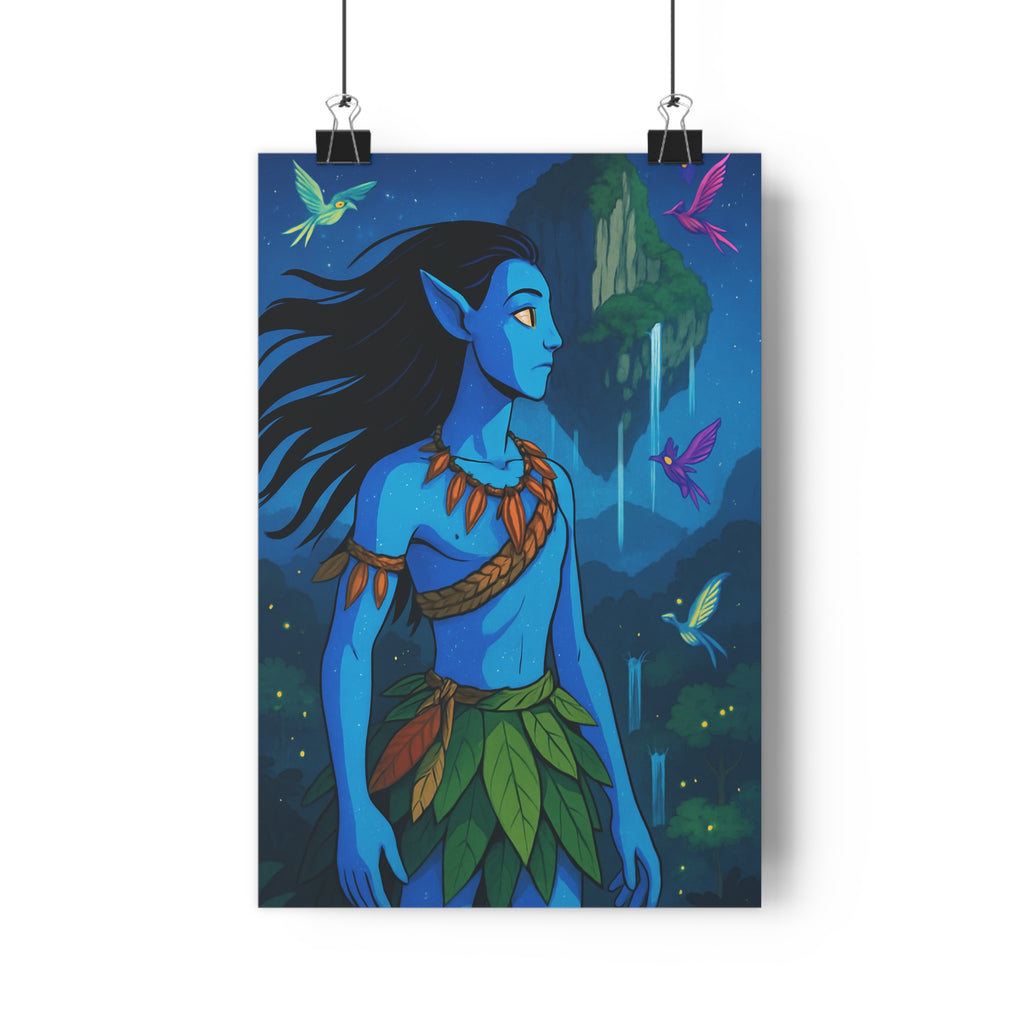 Poster décoratif mystique bleu vert dessin animé nature éthéré montagne créatures volantes chambre salon