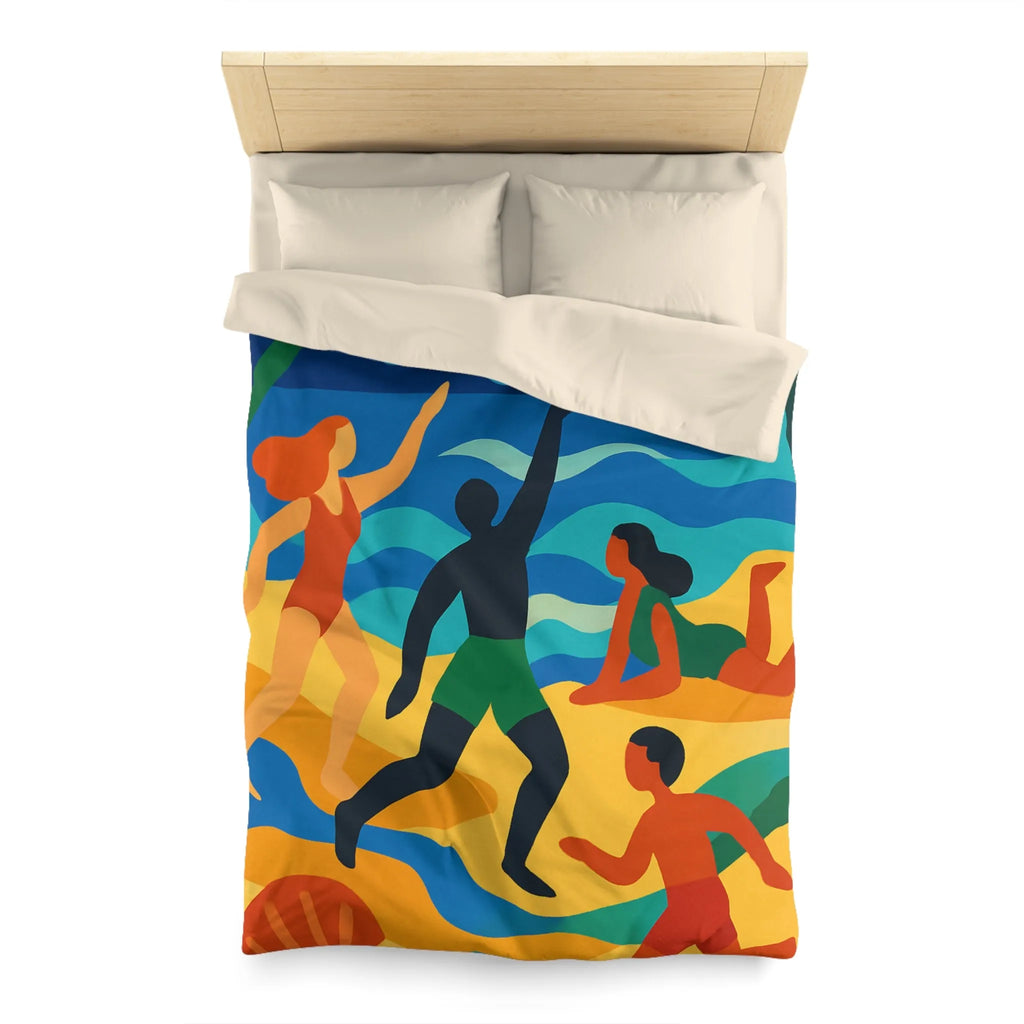 Housse de Couette Colorée Motif Plage Tropicale avec Palmiers et Activités Ludiques