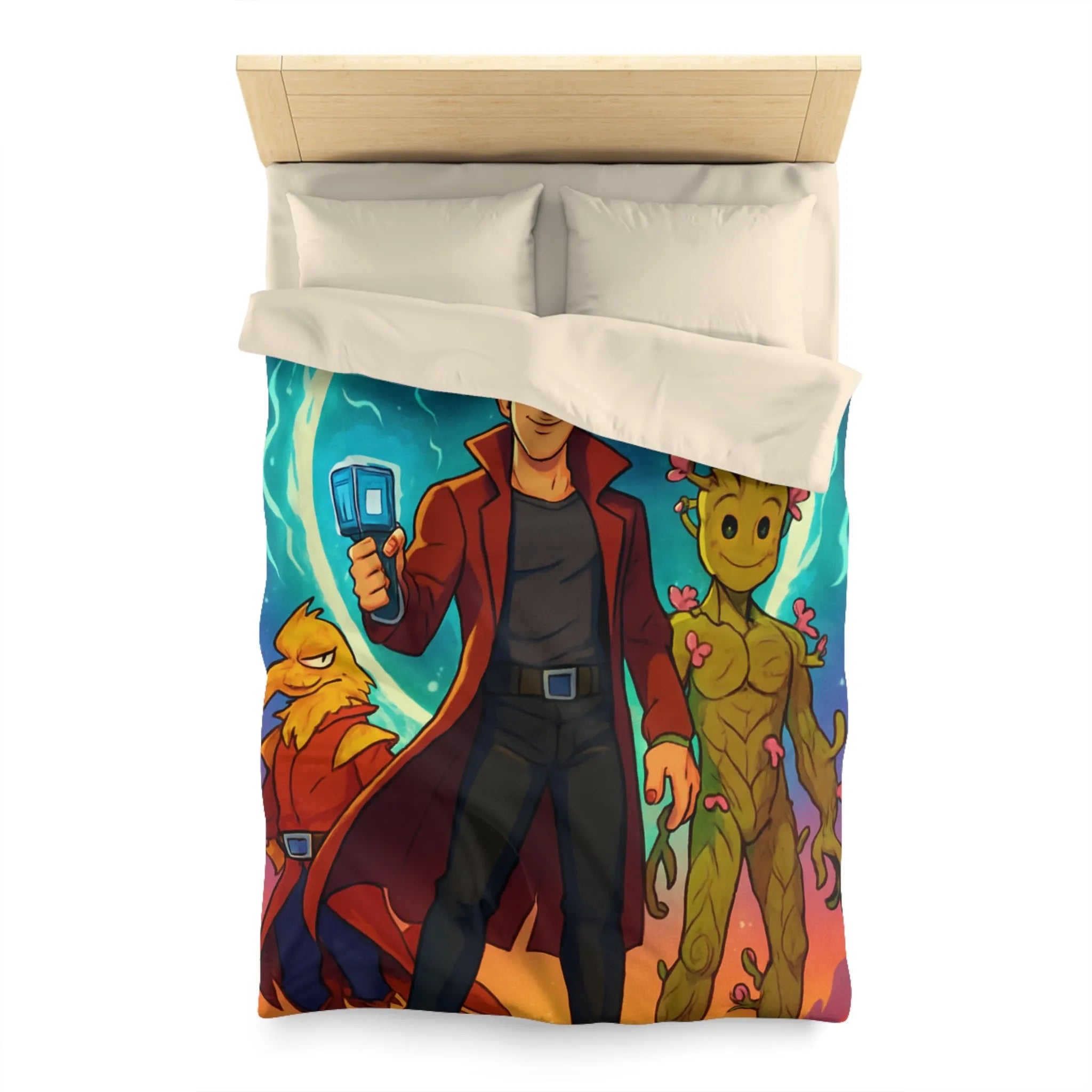 Housse de couette espace avec personnages héroïques colorés et univers rétro futuriste