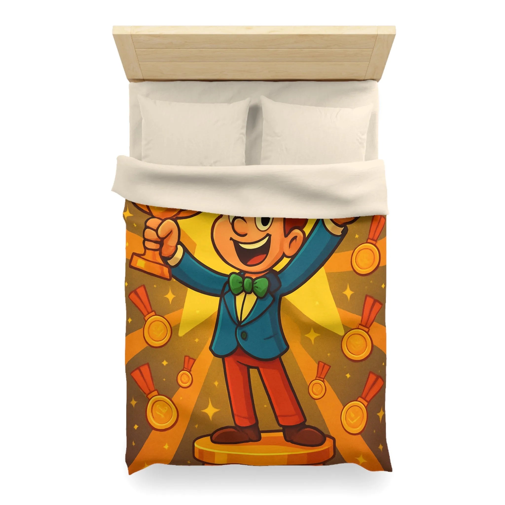 Housse de Couette Enfant avec Illustration Jeune Champion Débordant de Joie et Médailles