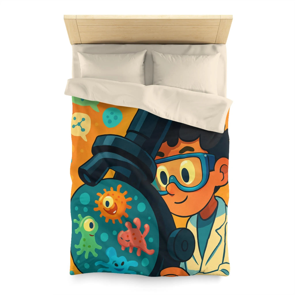 Housse de couette colorée avec jeunes scientifiques et microscope amusant pour enfants