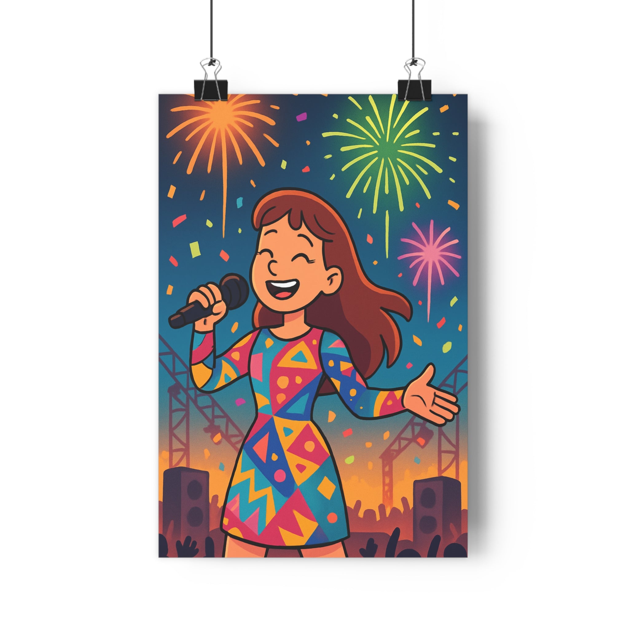 Poster décoratif chanteuse concert multicolore moderne joyeux chambre musique scène artistique vibrant tendance lumineux