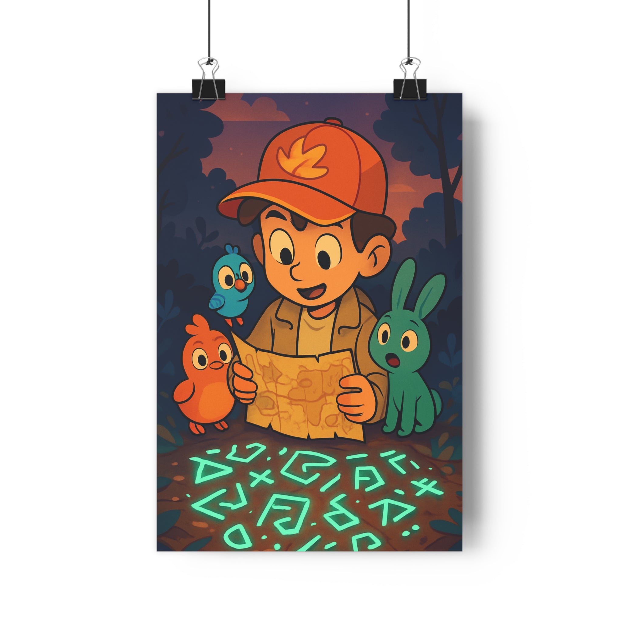 Poster décoratif aventure dessin animé orange bleu vert chambre enfant créatures mystique joyeux exploration