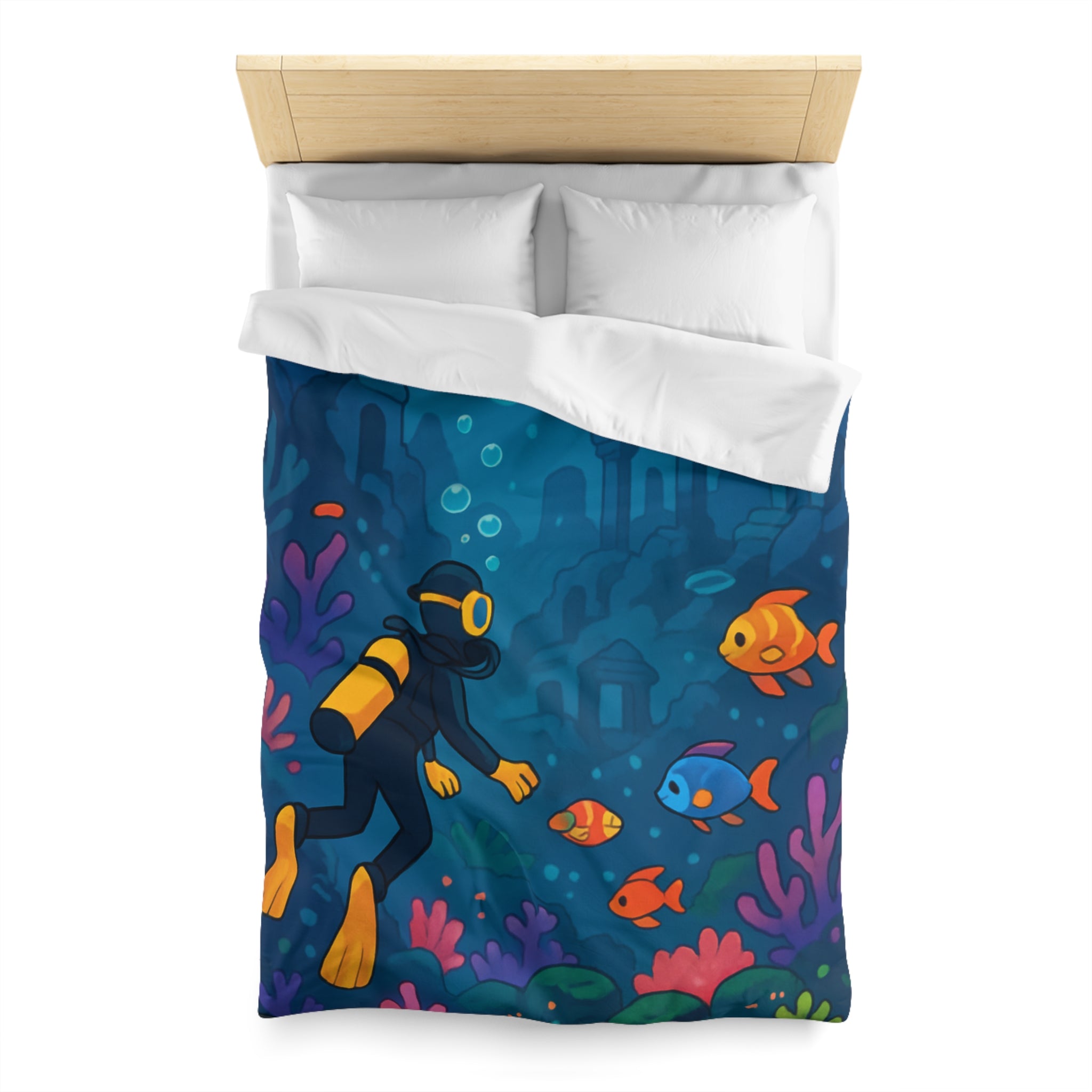 Housse de Couette Requin: Scène Sous-Marine Colorée avec Poissons Exotiques et Tortue