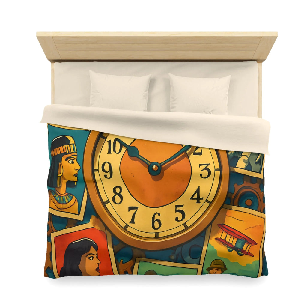 Housse de couette illustrant l'histoire colorée avec des figures emblématiques du temps et de l'espace