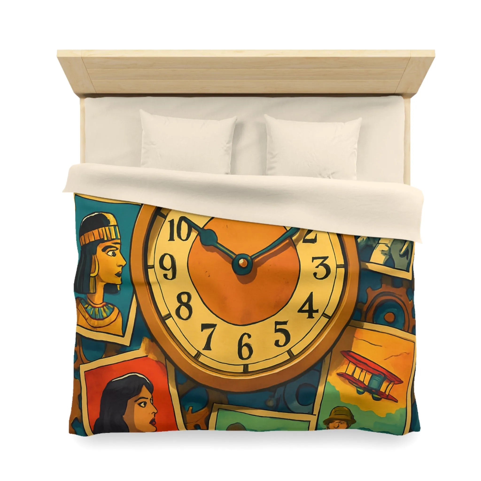 Housse de couette illustrant l'histoire colorée avec des figures emblématiques du temps et de l'espace