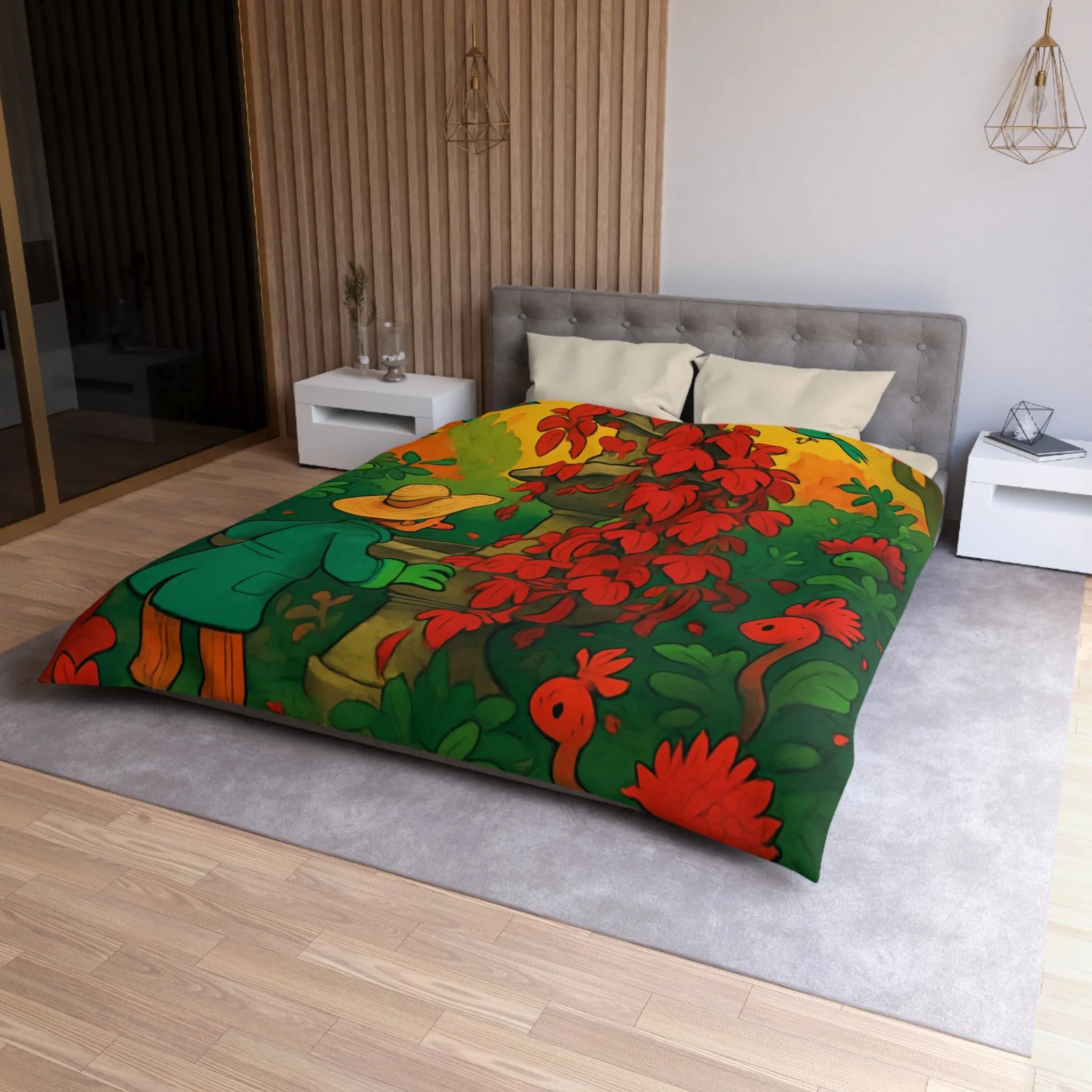 Housse de couette jardin enchanté avec fontaine et fleurs rouges pour chambre colorée