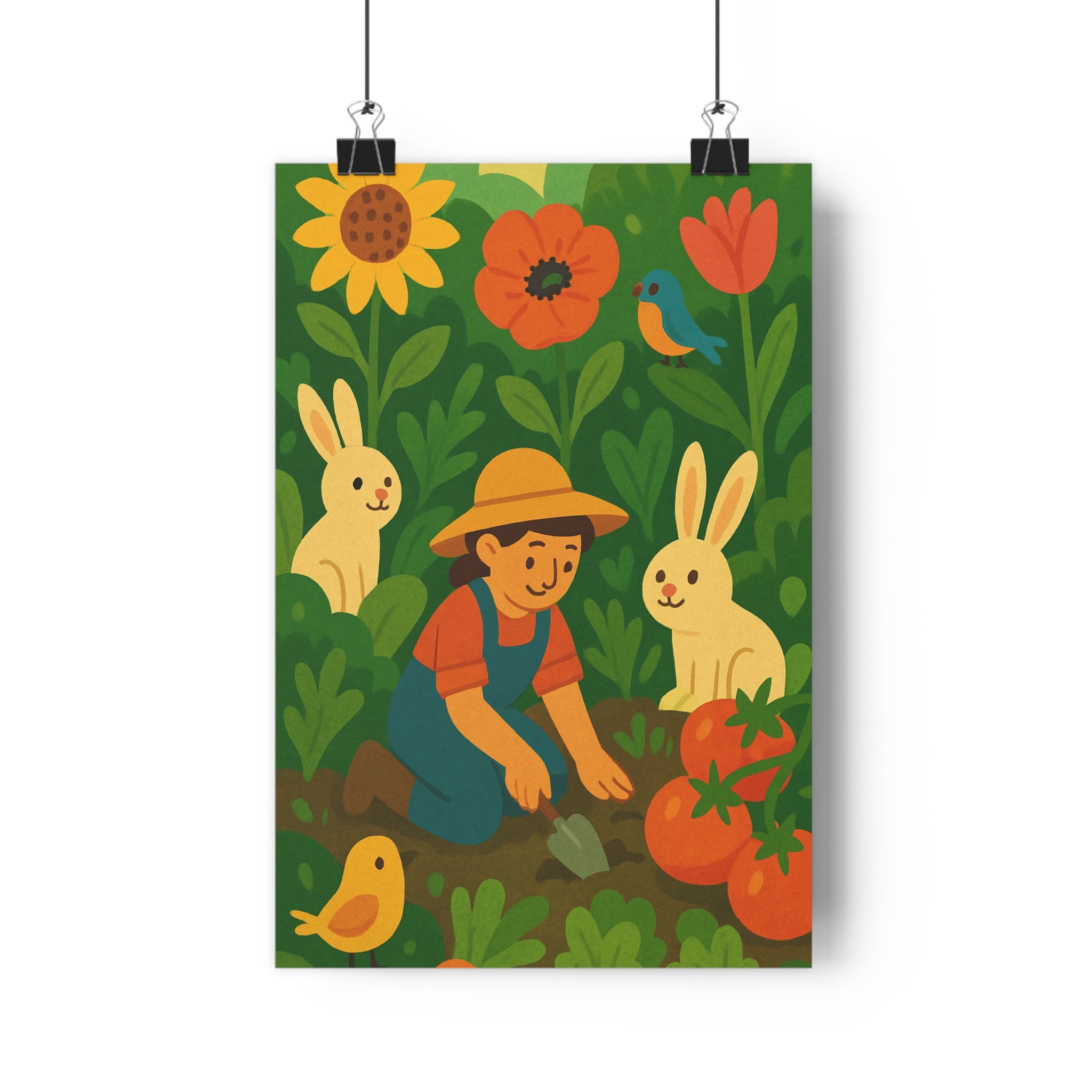 Poster décoratif jardin cartoon joyeux coloré enfant chambre bleu jaune nature botanique illustration qualité