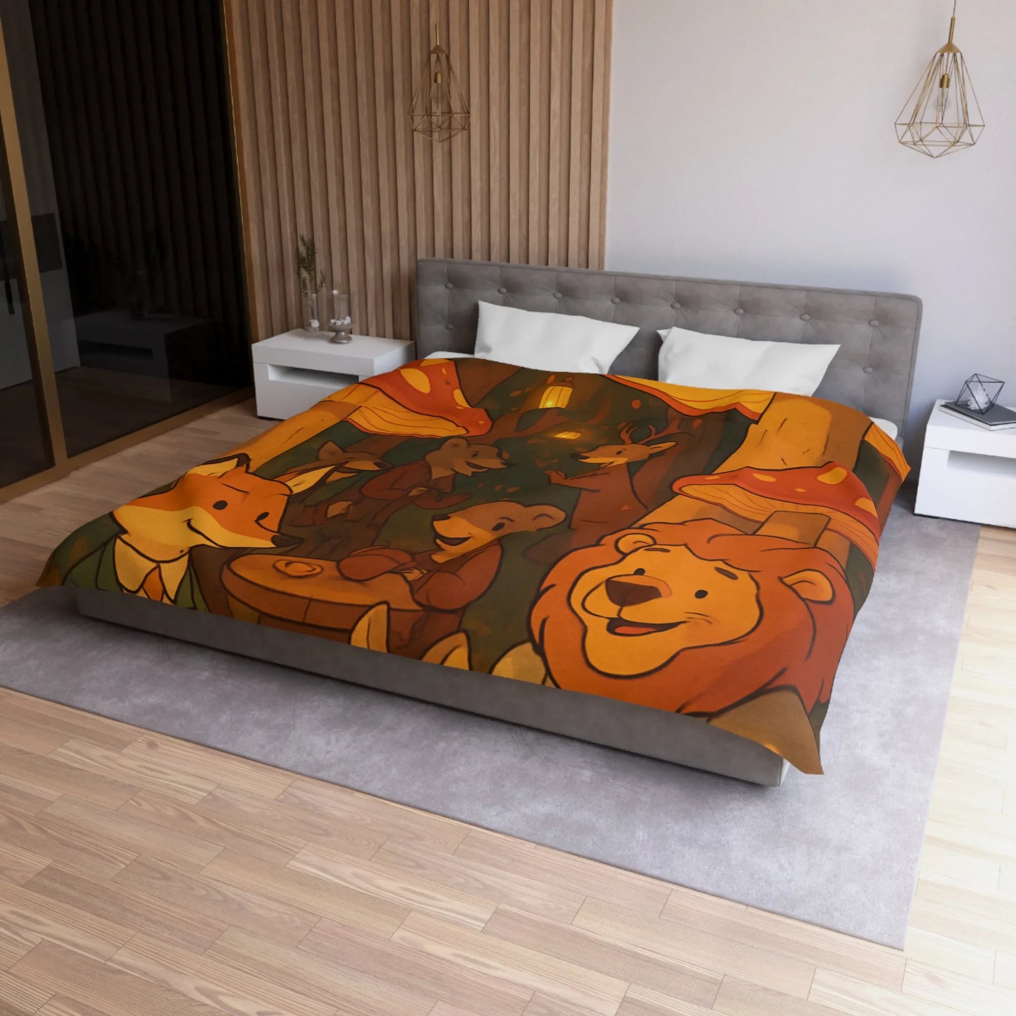 Housse de couette enchantée avec animaux sous champignons géants dans une forêt magique