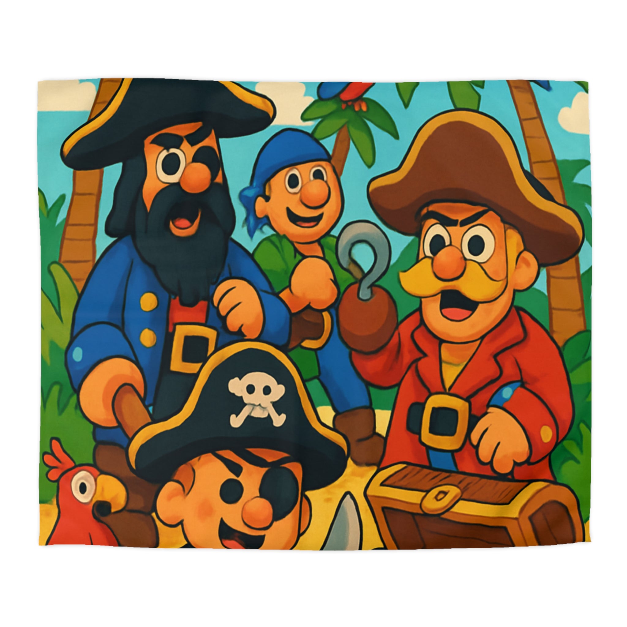 Housse de couette pirate colorée avec trésors, perroquets et personnages joyeux animés