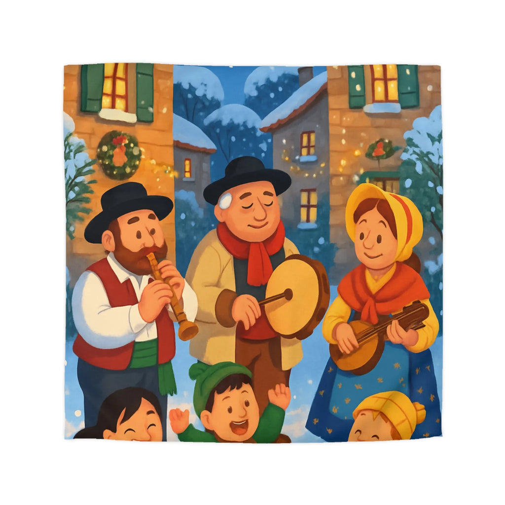 Housse de couette festive avec village enneigé et musiciens pendant l’hiver joyeux