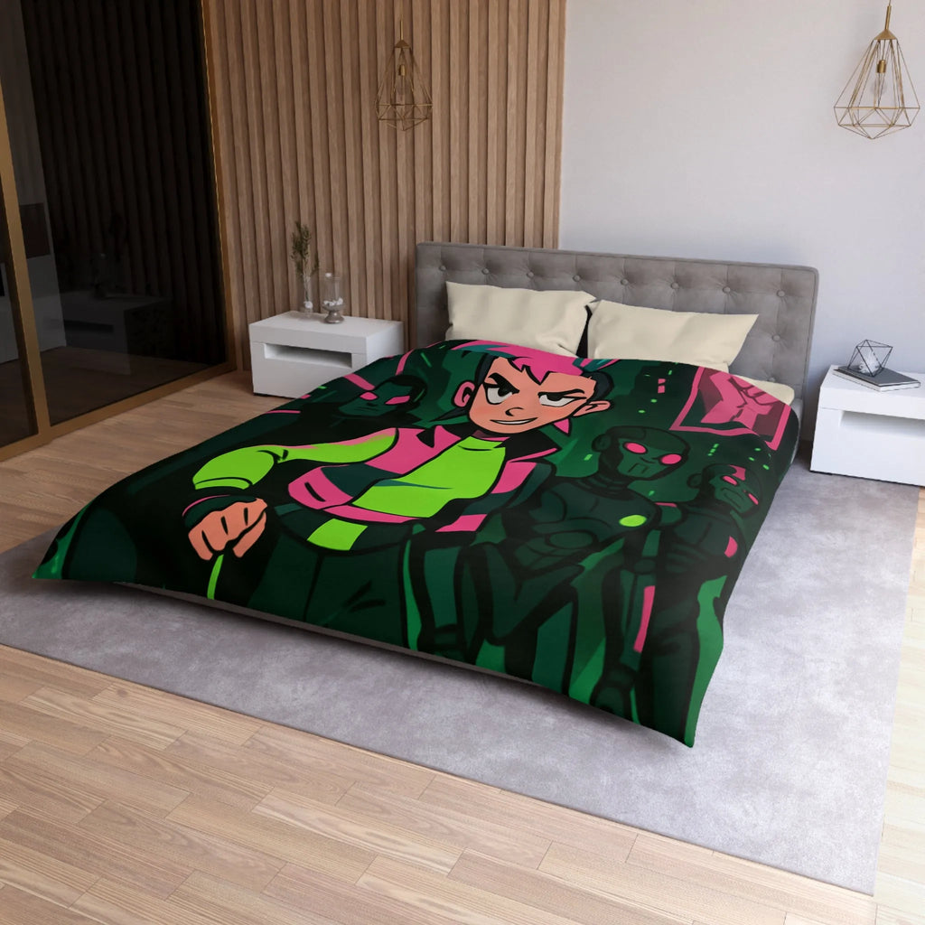 Housse de couette fluorescente cyberpunk avec motif de rébellion et paysage urbain futuriste