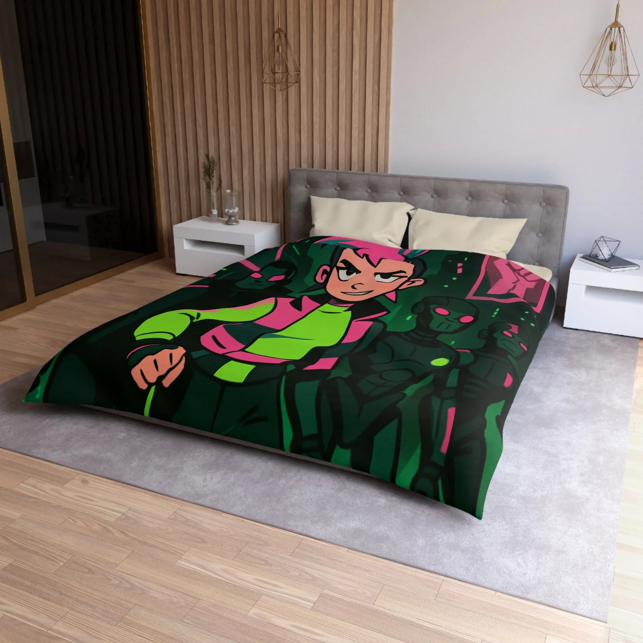Housse de couette fluorescente cyberpunk avec motif de rébellion et paysage urbain futuriste