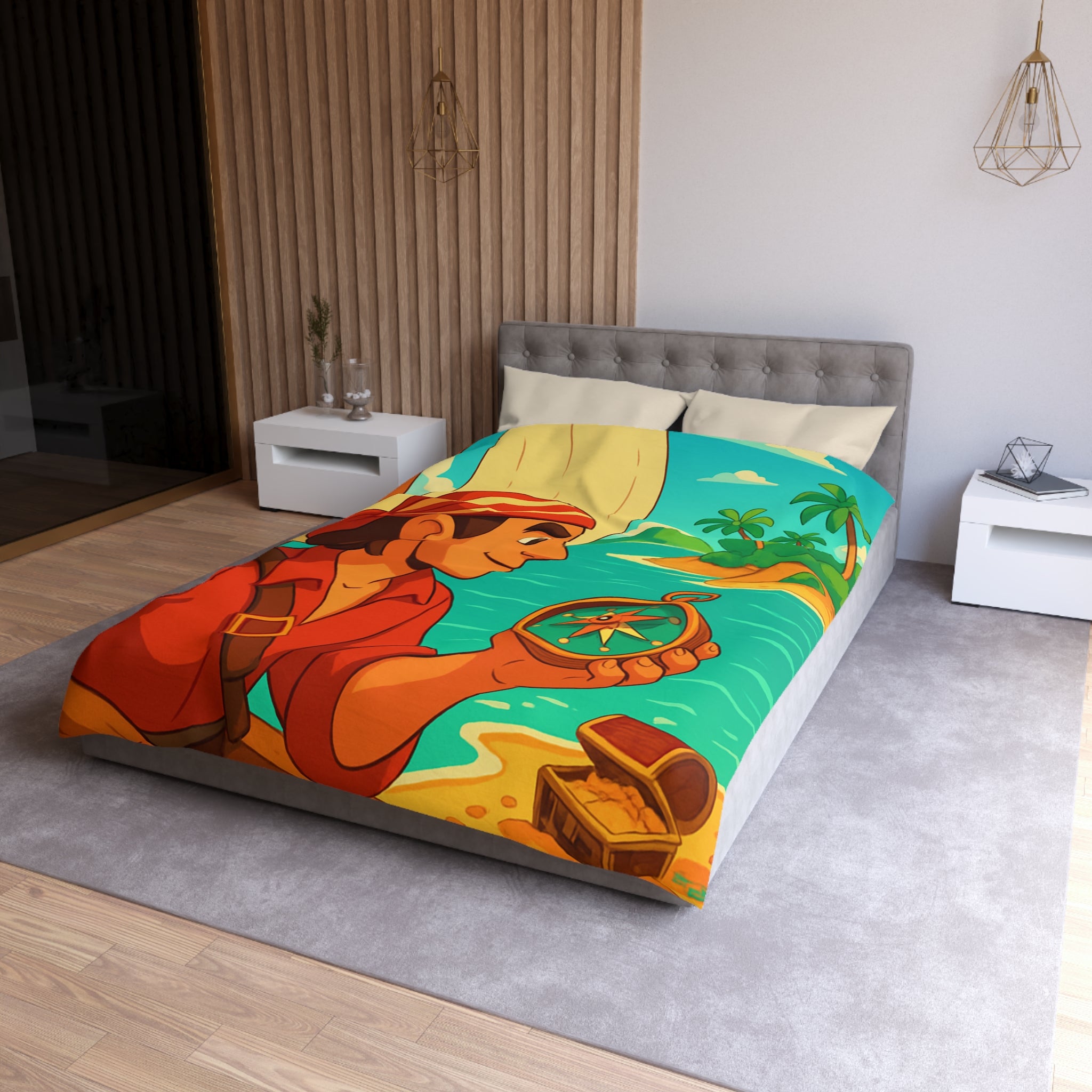Housse de Couette Pirate Aventure avec Boussole et Trésor Île Ensoleillée
