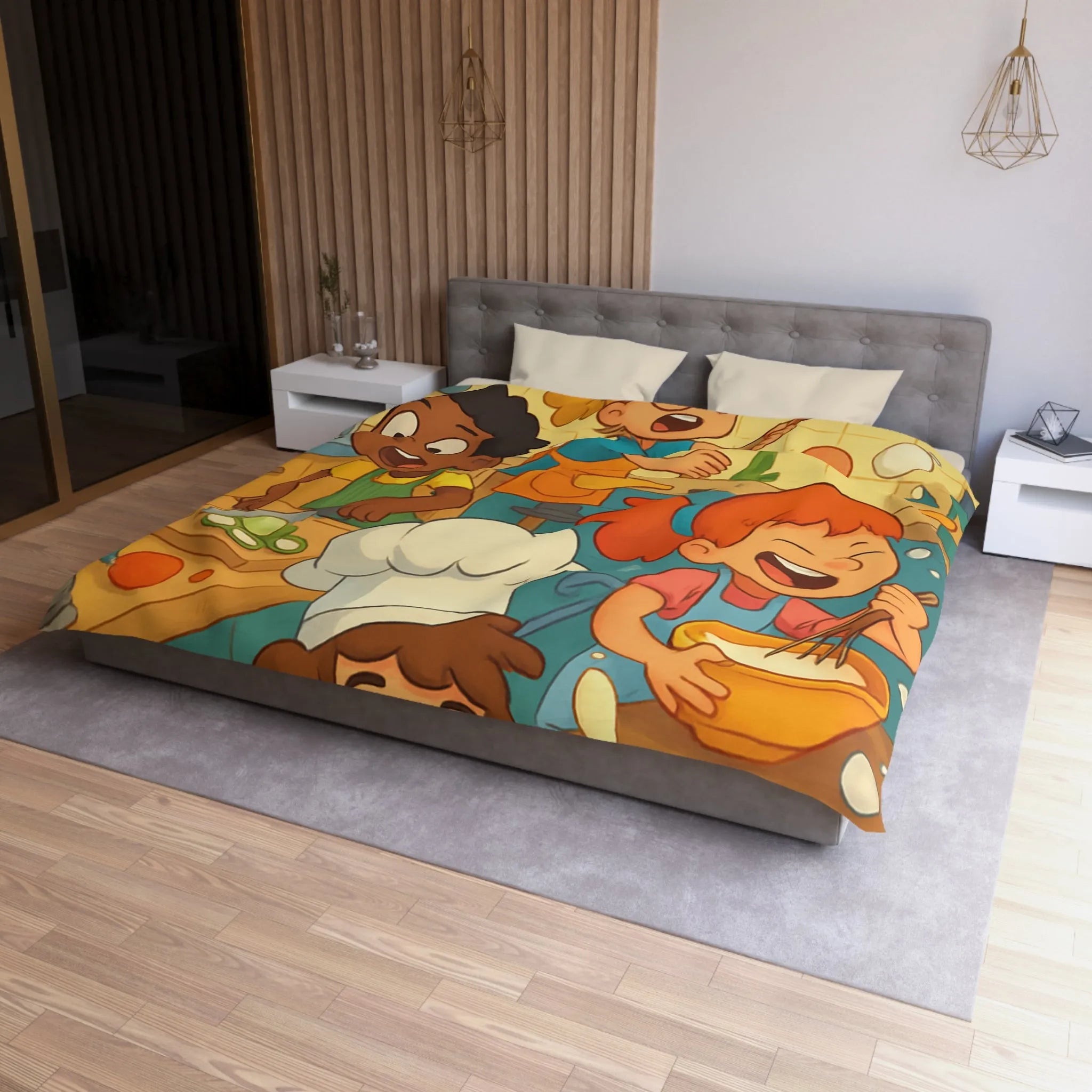 Housse de couette illustrée cuisine enfants joyeux couleurs vives spatule éclaboussures légumes