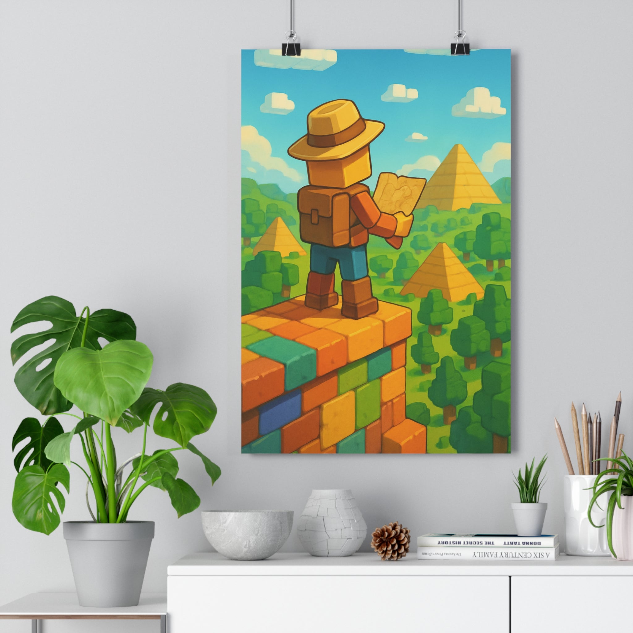 Poster décoratif aventure cartoon vert bleu chambre enfant exploration paysage dynamique personnages pyramides couleurs