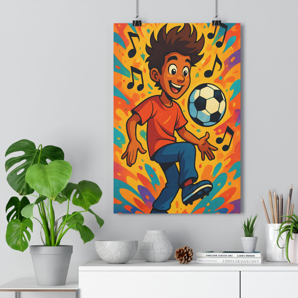 Poster décoratif football enfant orange bleu joyeux dynamique chambre garçon sportif cartoon artistique élégant
