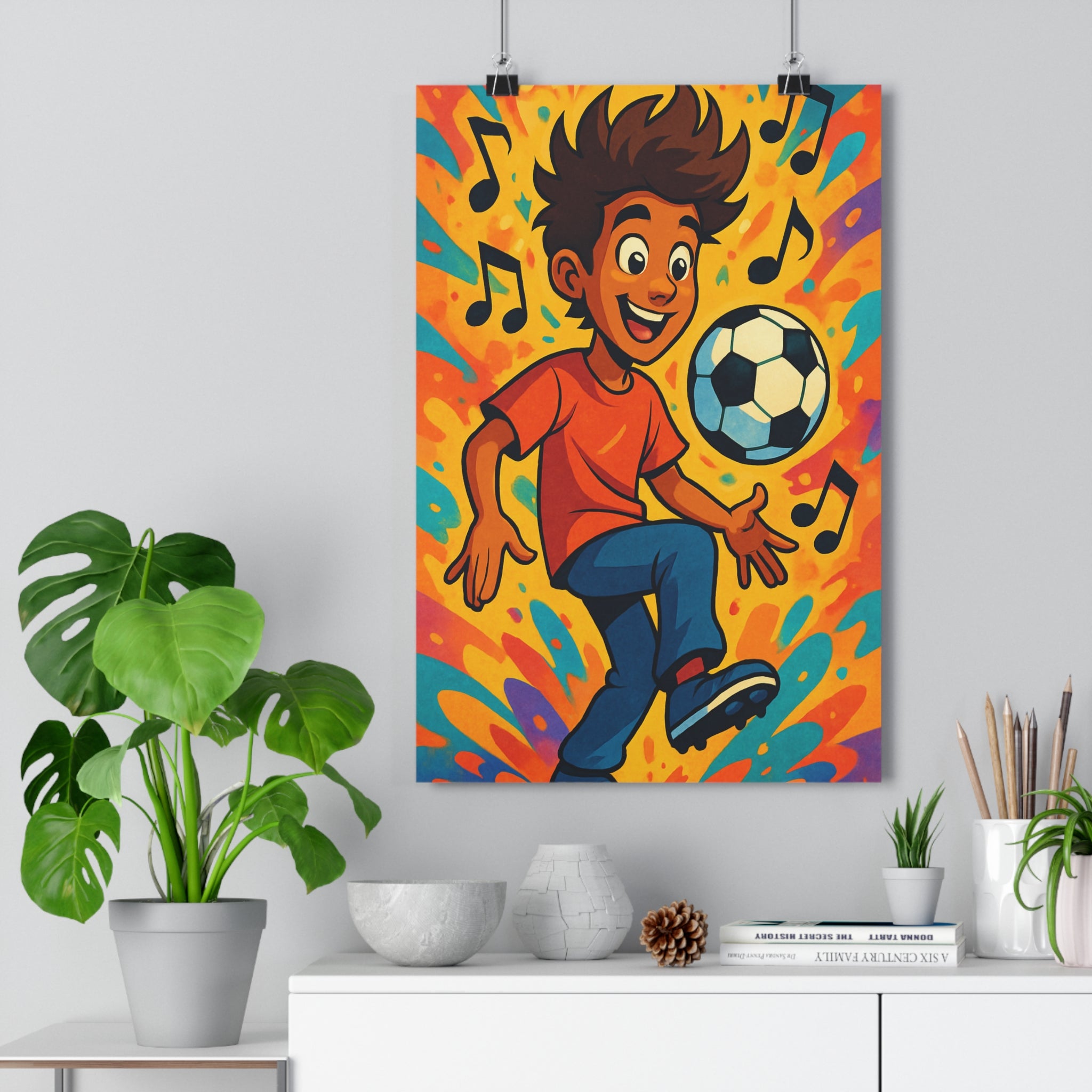 Poster décoratif football enfant orange bleu joyeux dynamique chambre garçon sportif cartoon artistique élégant