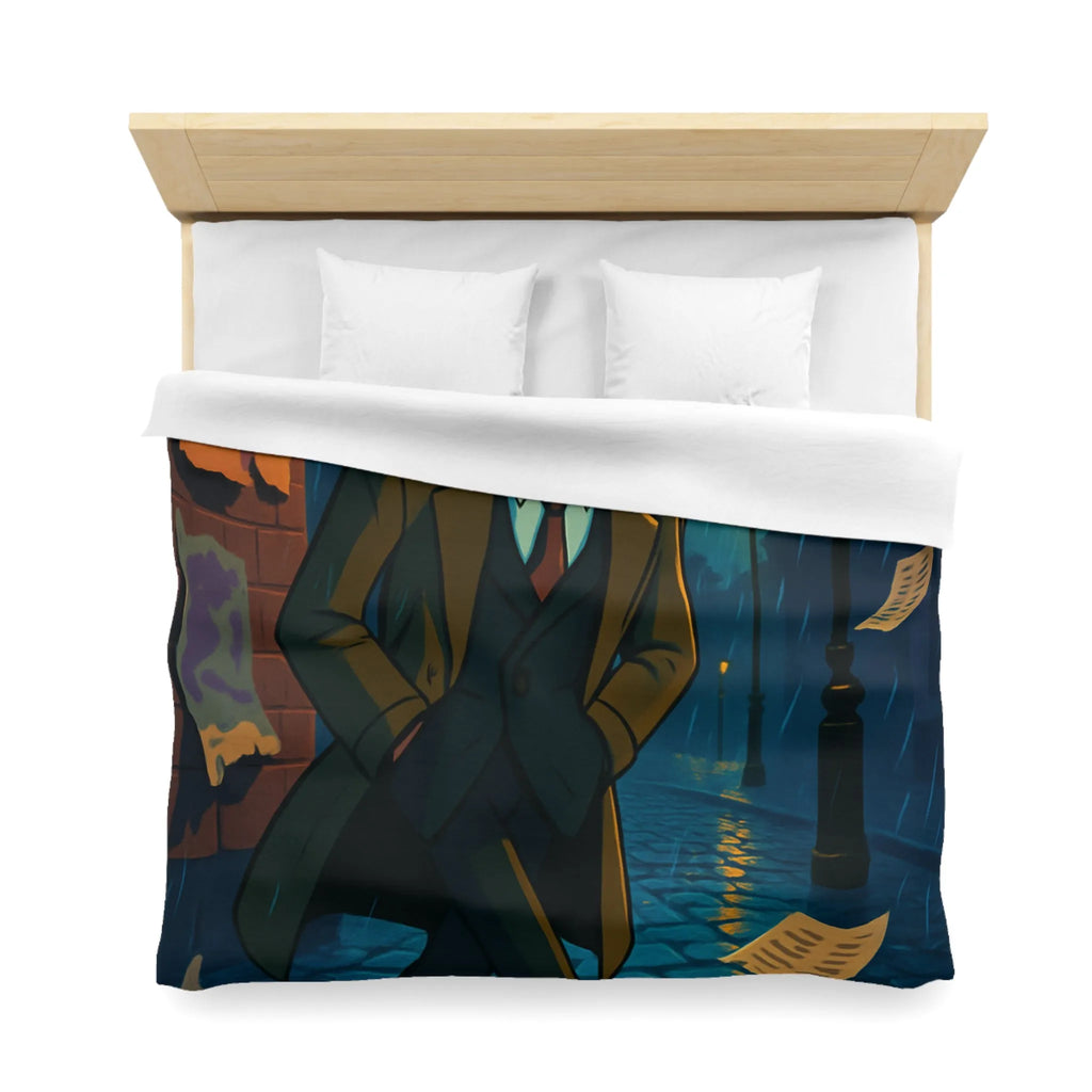 Housse de couette élégante avec détective mystérieux sous la pluie pour ambiance rétro