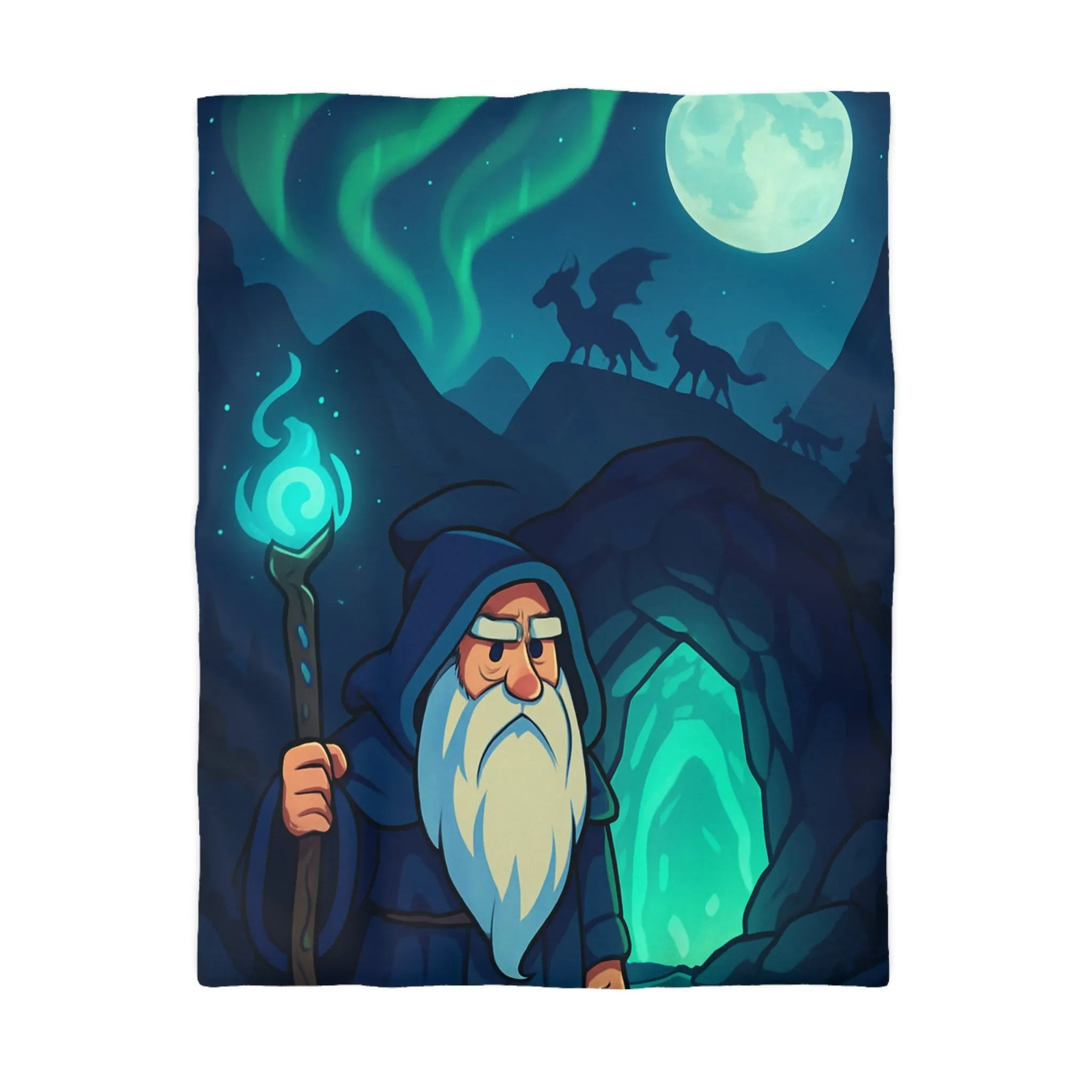 Housse de couette avec illustration de sorcier sous une aurore boréale et pleine lune