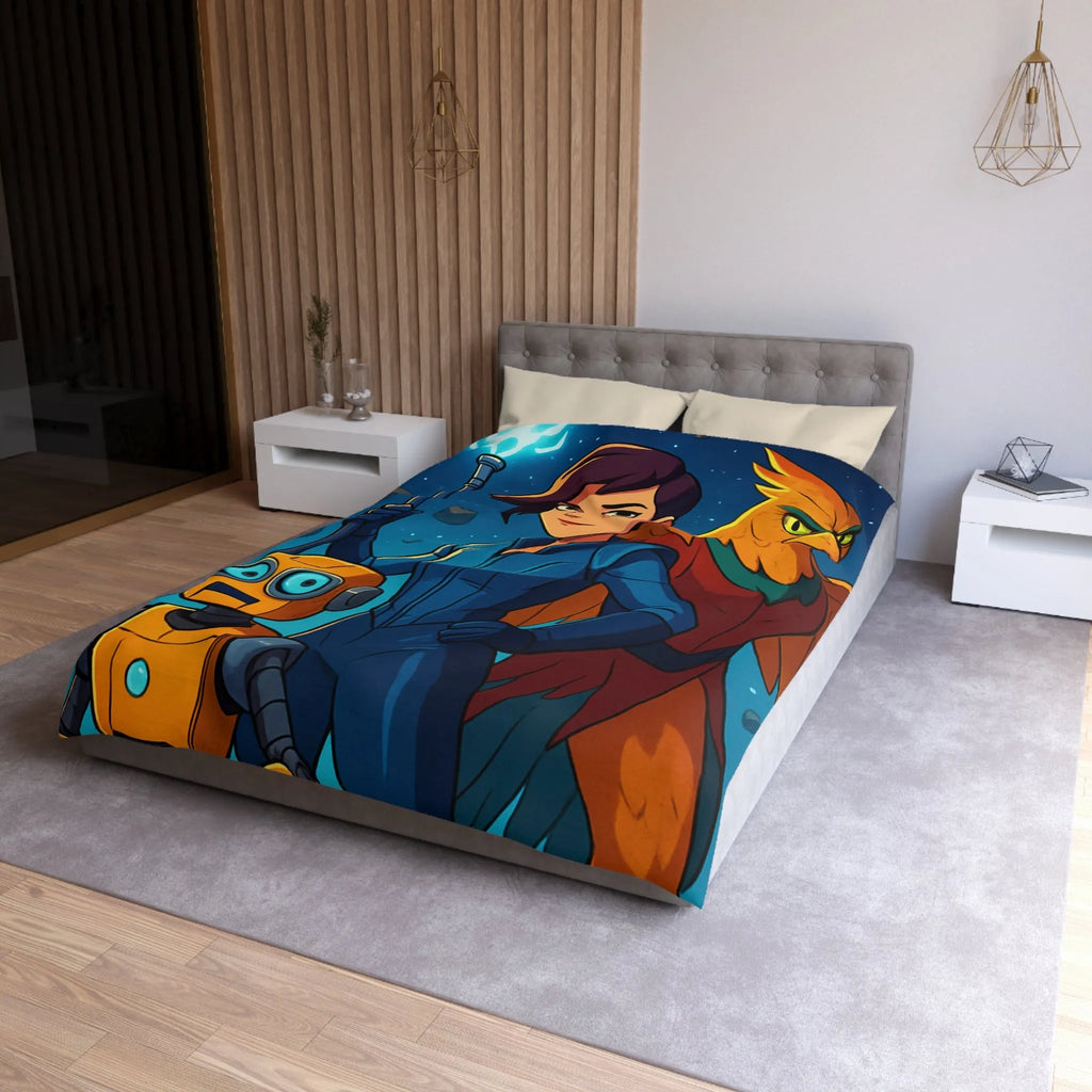 Housse de couette colorée avec exploratrice, robot et oiseau dans l'espace étoilé