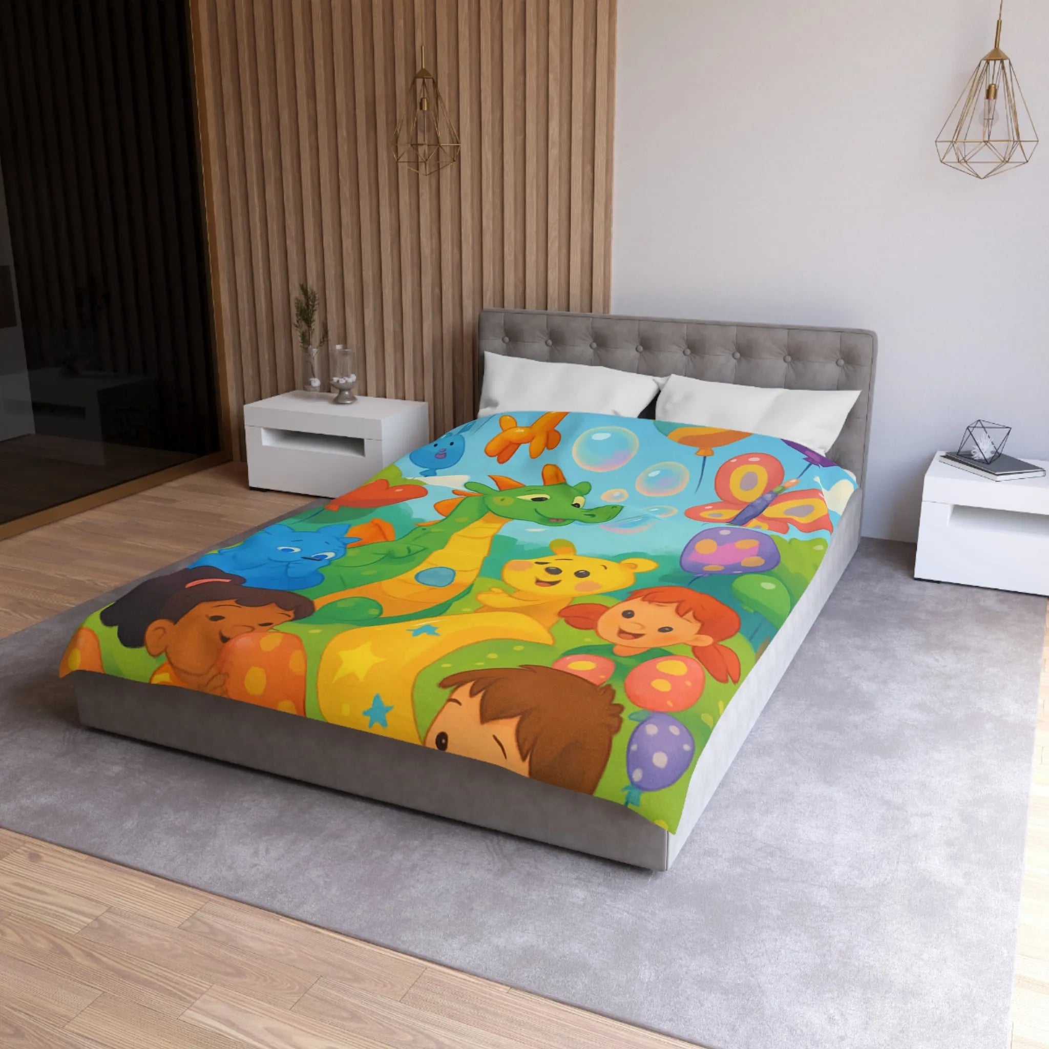 Housse de Couette Enfant Fantaisie Animaux et Ballons Colorés pour Chambre Féérique