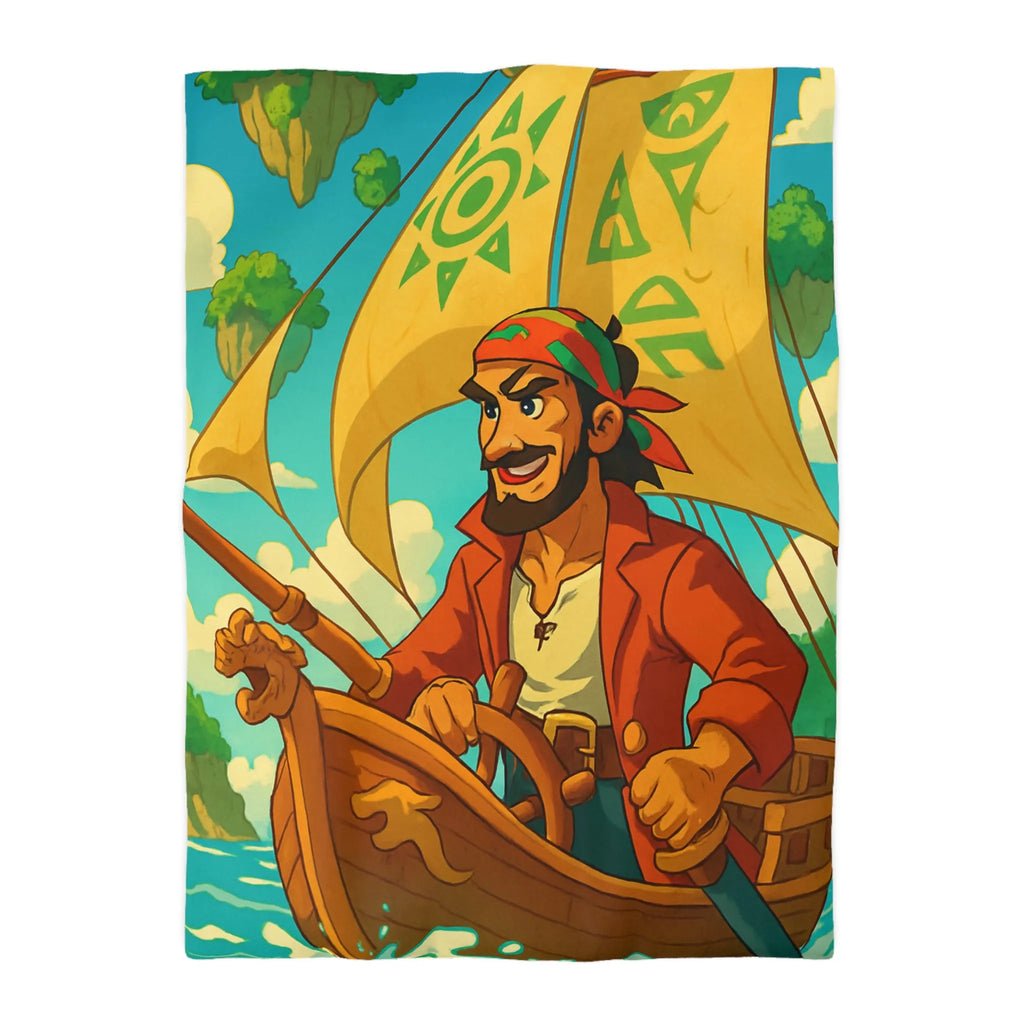 Housse de couette colorée avec pirate en bateau sur mer et îles flottantes