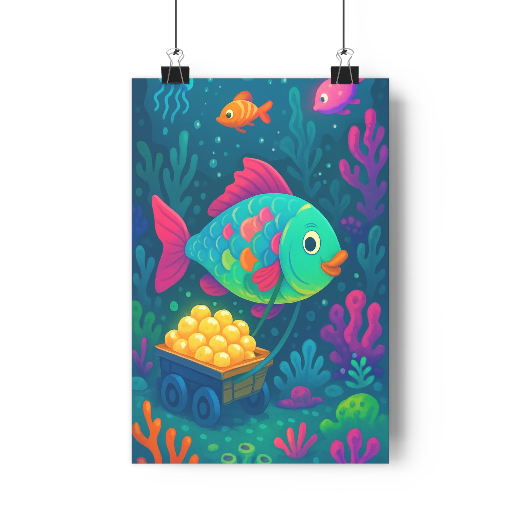 Poster décoratif coloré ludique cartoon enfant océan poisson méduse corail magique ambiance murale vibrant