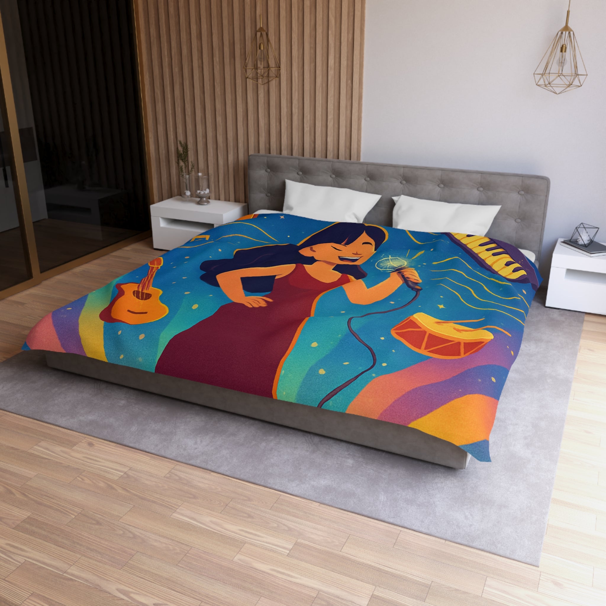 Housse de couette vibrante avec scène musicale, chanteuse et instruments illustrés colorés