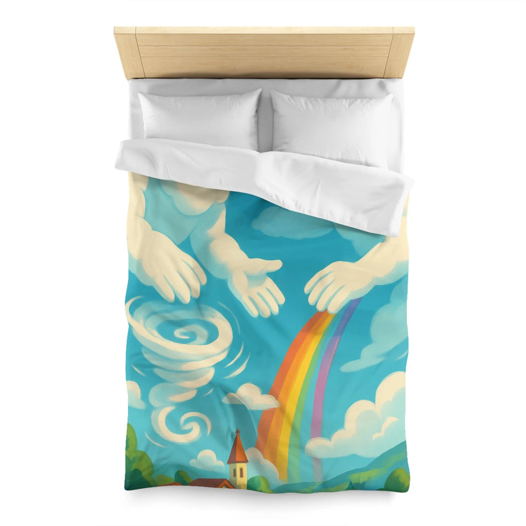 Art ludique de nuages souriants au-dessus d'un village teinté de couleurs vives