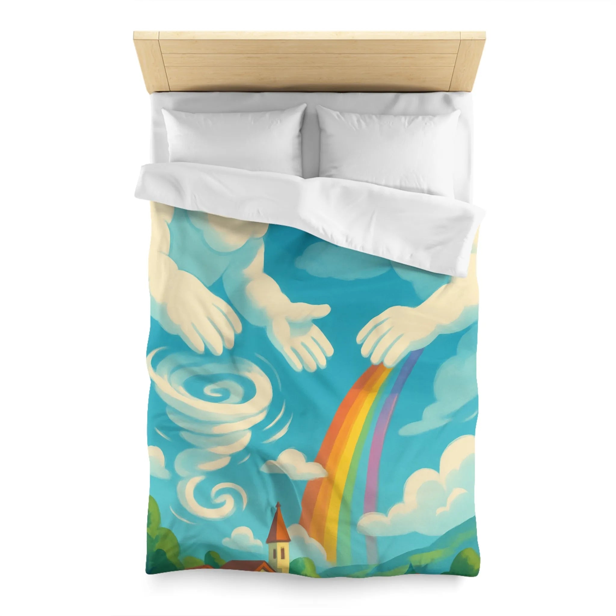 Art ludique de nuages souriants au-dessus d'un village teinté de couleurs vives