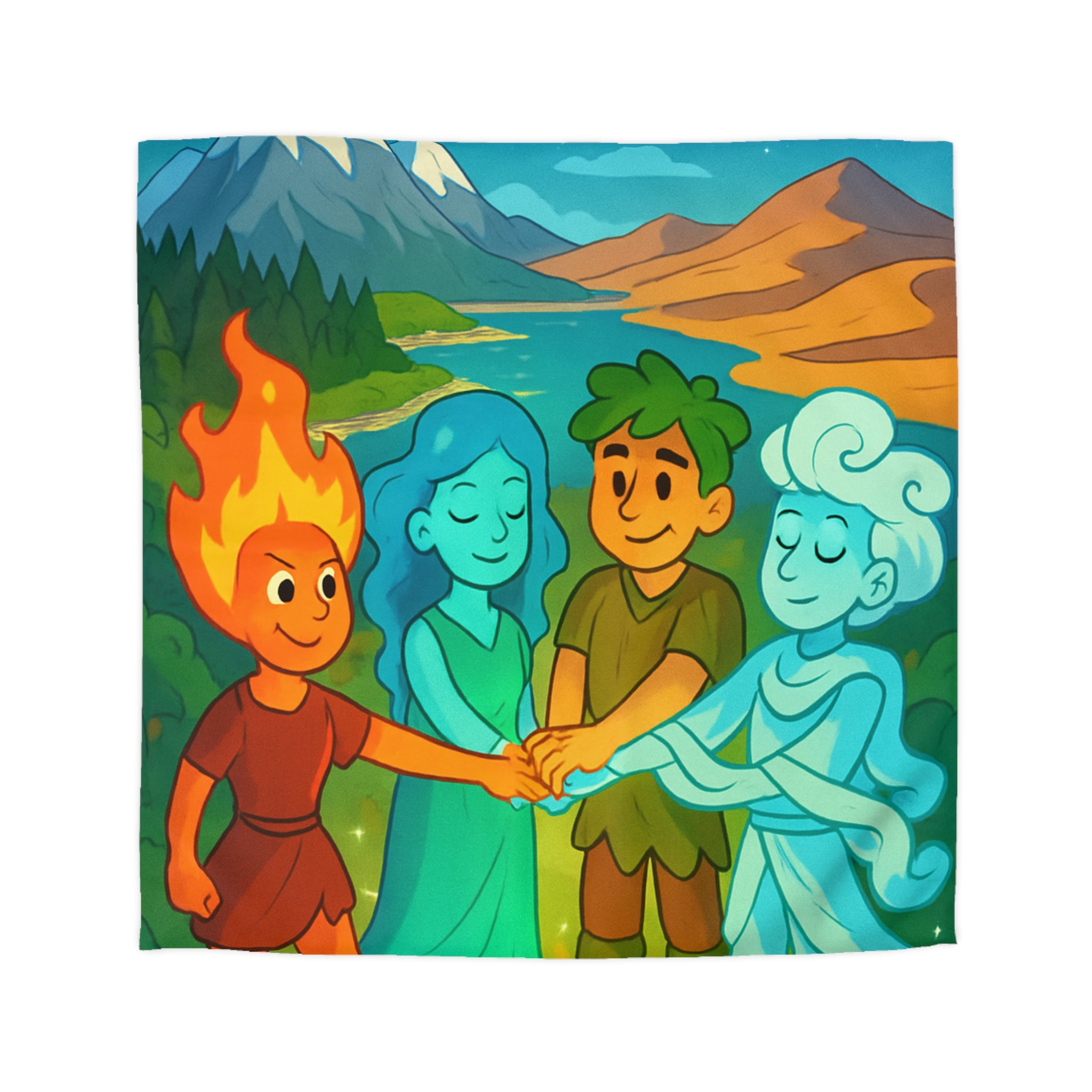 Housse de Couette Nature Enchantée avec Éléments Terre, Feu, Air et Eau Unifiés