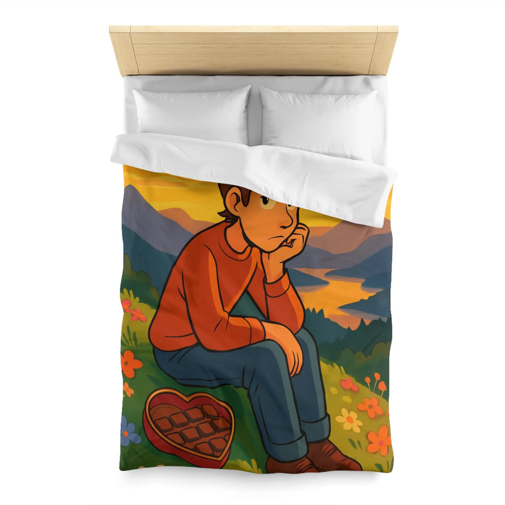 Housse de Couette Illustrée: Paysage Coloré avec Personnage Réfléchi et Coeur en Chocolat
