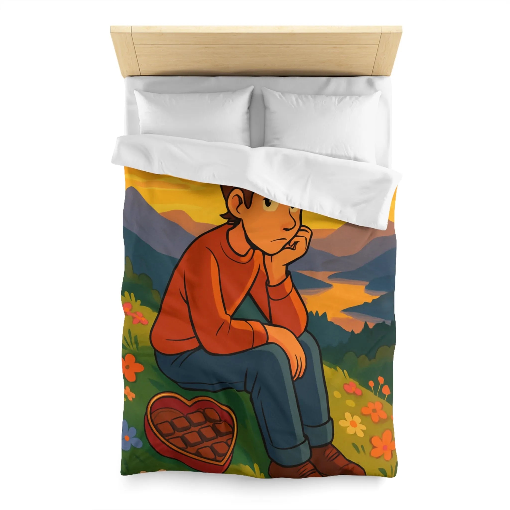 Housse de Couette Illustrée: Paysage Coloré avec Personnage Réfléchi et Coeur en Chocolat
