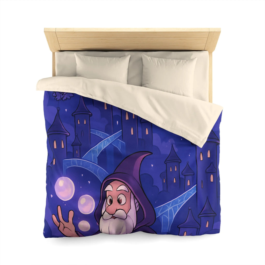 Housse de couette magique avec dragon violet, hiboux et sorcier devant château