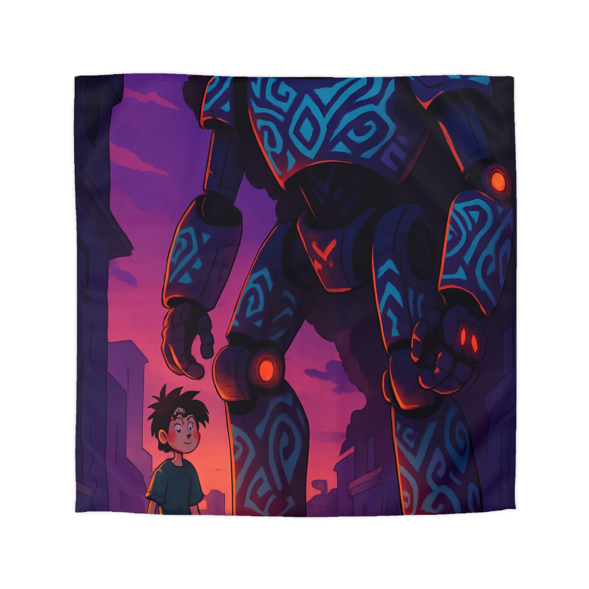 Housse de couette robot géant bleu lumineux, décor urbain vibrant et enfant émerveillé