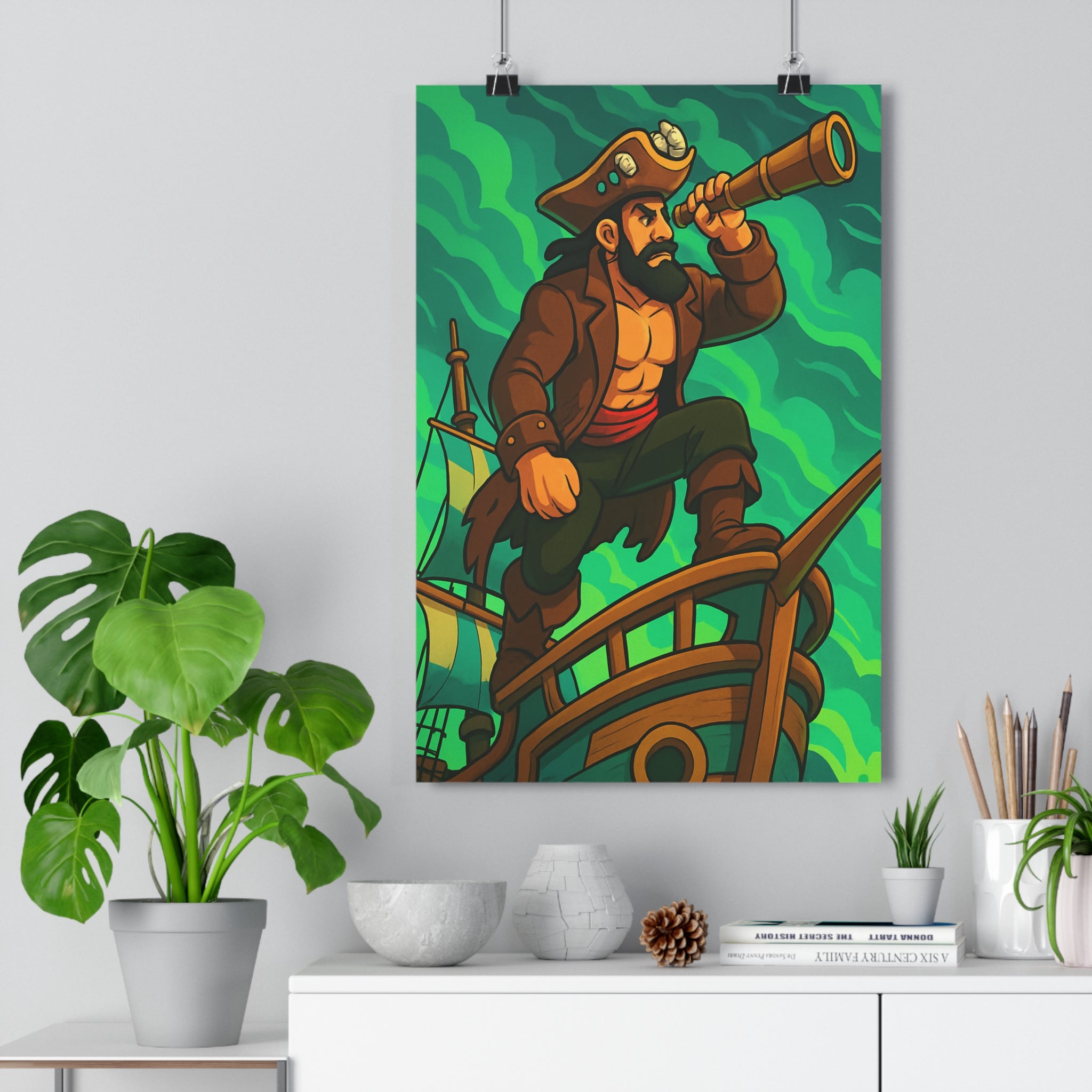 Poster décoratif pirate aventure dynamique vert bleu bureau chambre animation 30x46 navire courageux suspense