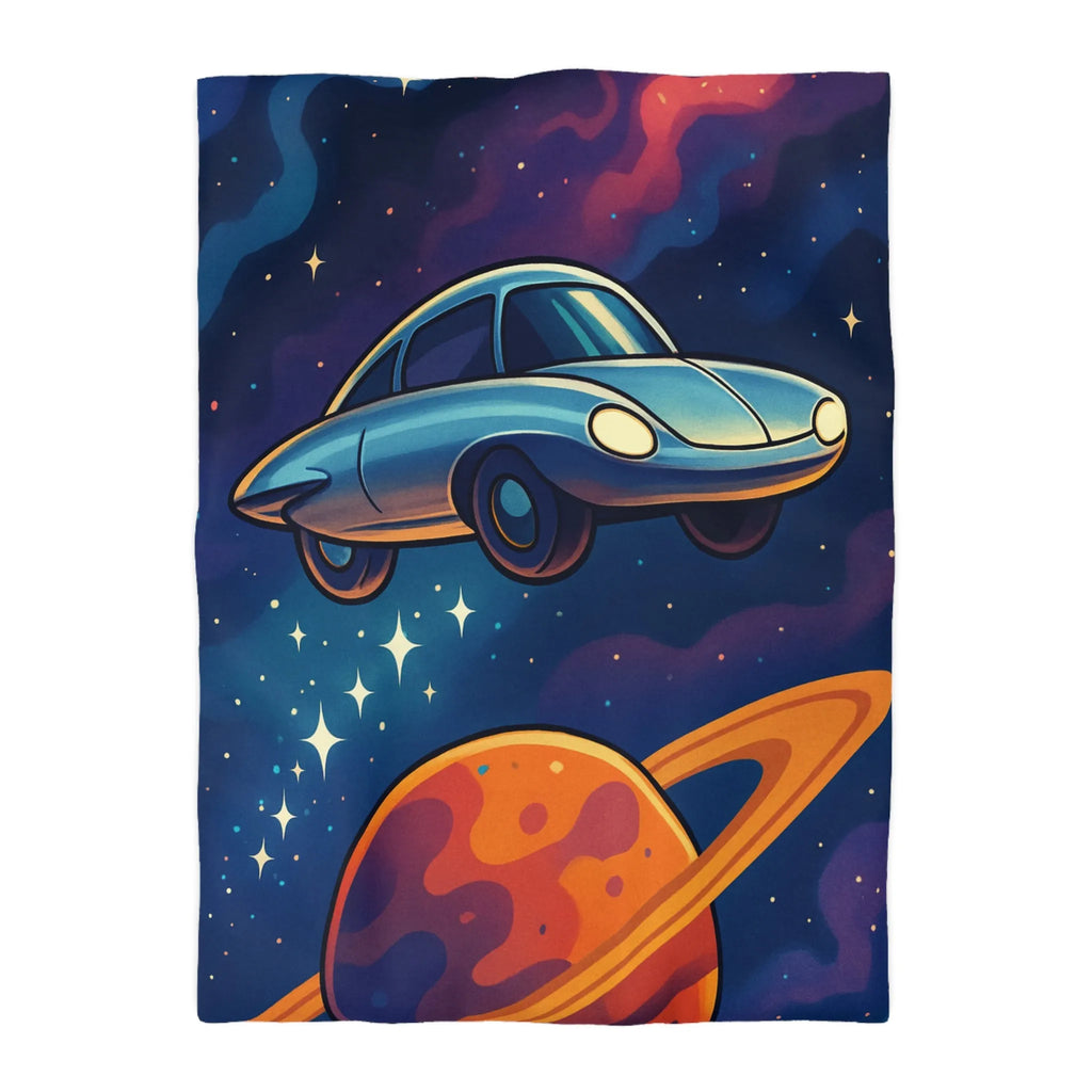 Housse de Couette Artistique Spatiale avec Voiture Volante et Planète Saturne Colorée