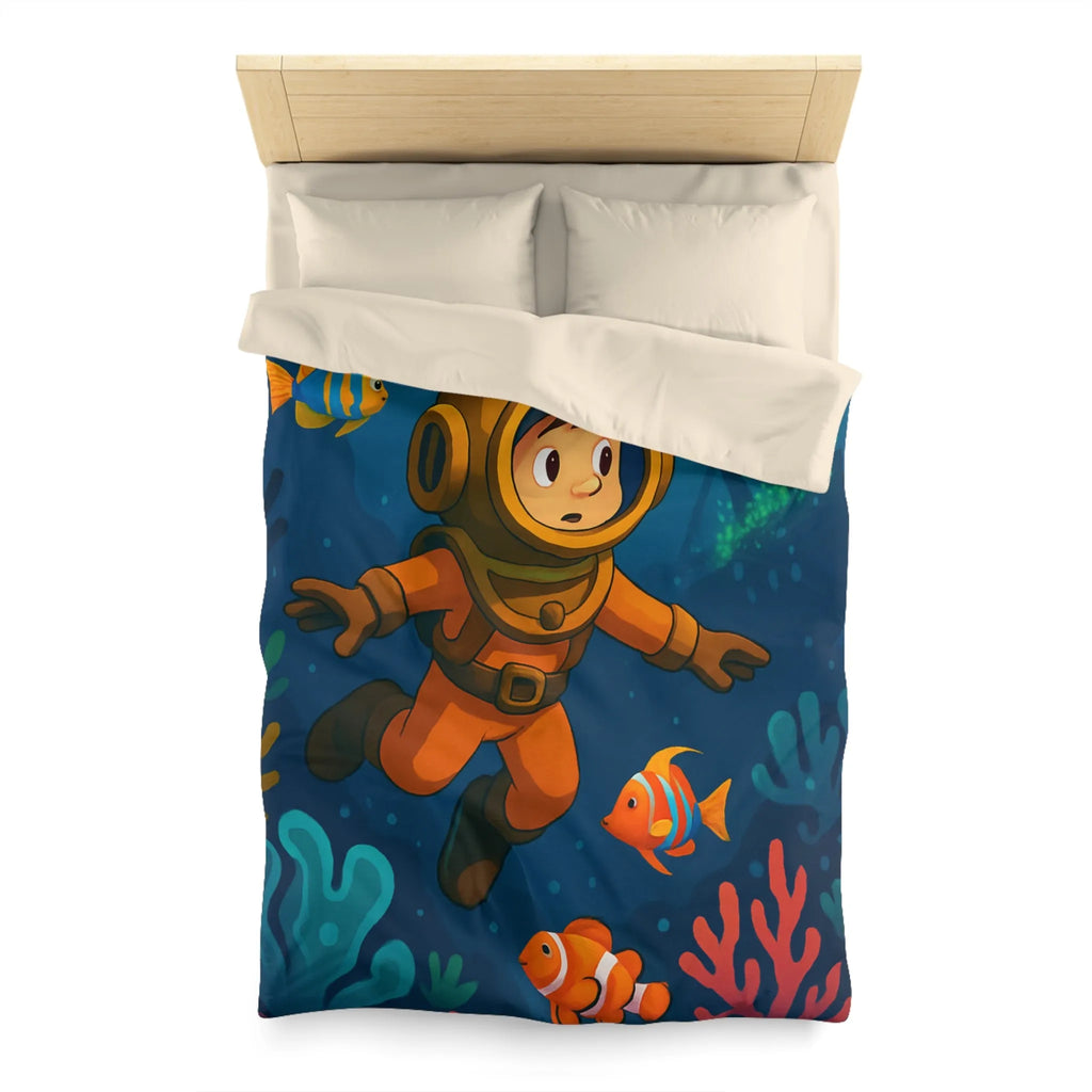Housse de couette colorée enfant : plongeur sous-marin, poissons tropicaux et épave mystérieuse